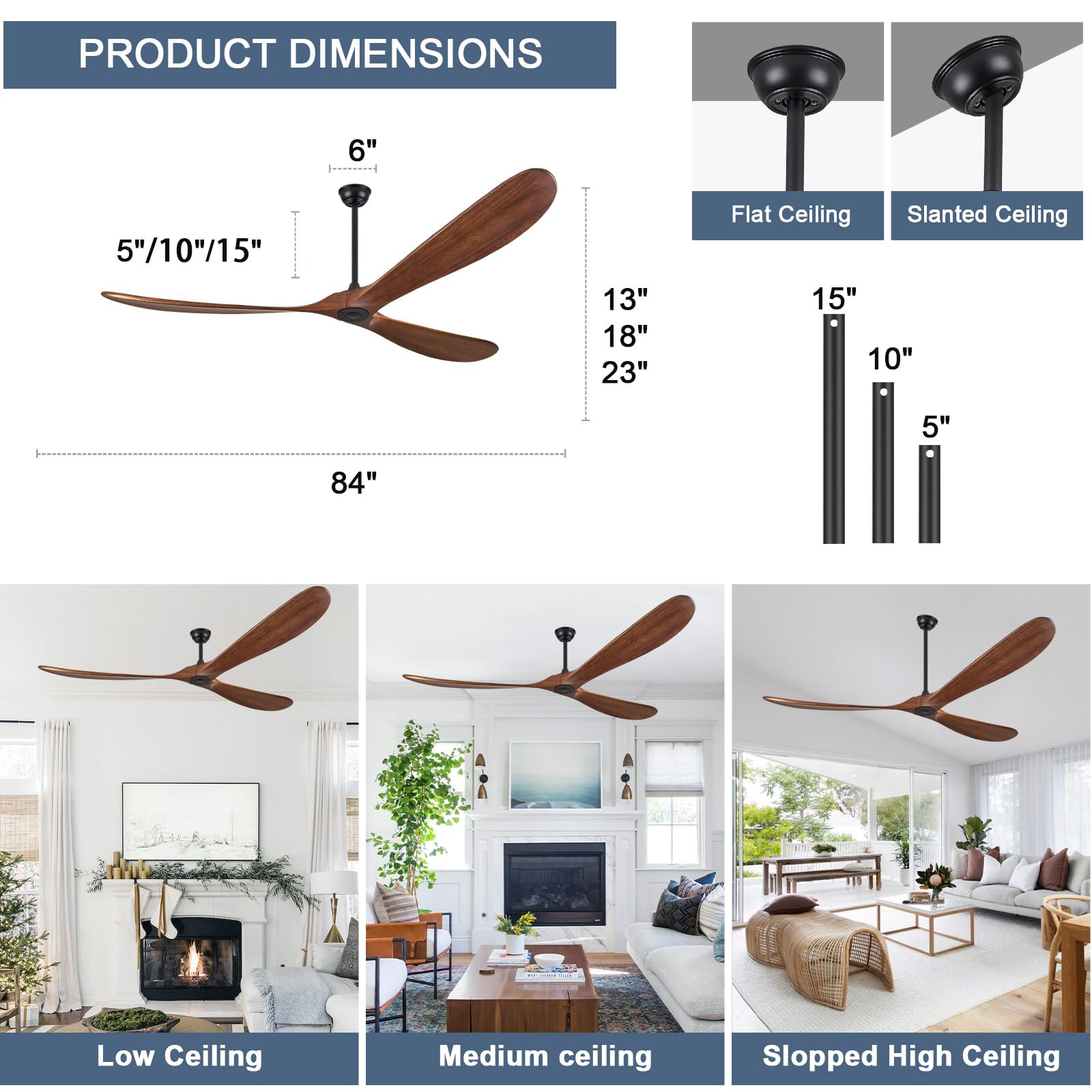 ABZ Ceiling Fans without Lights - 52 Inch Modern Ceiling Fans no Lights with Remote Control, Black 3 Blade Solid Wood Indoor Outdoor Ceiling Fans for Patios Living Room Bedroom