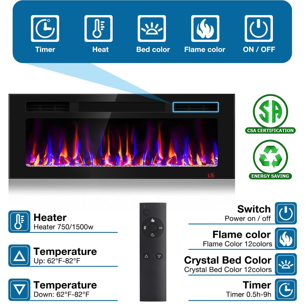 31 Inch Electric Fireplace Recessed and Wall Mounted, Fireplace Heater and Linear Fireplace, Ultra-Thin Electric Fireplace, Low Noise, with Timer, Remote Control, Adjustable 12 Flame Color, 750/1500W