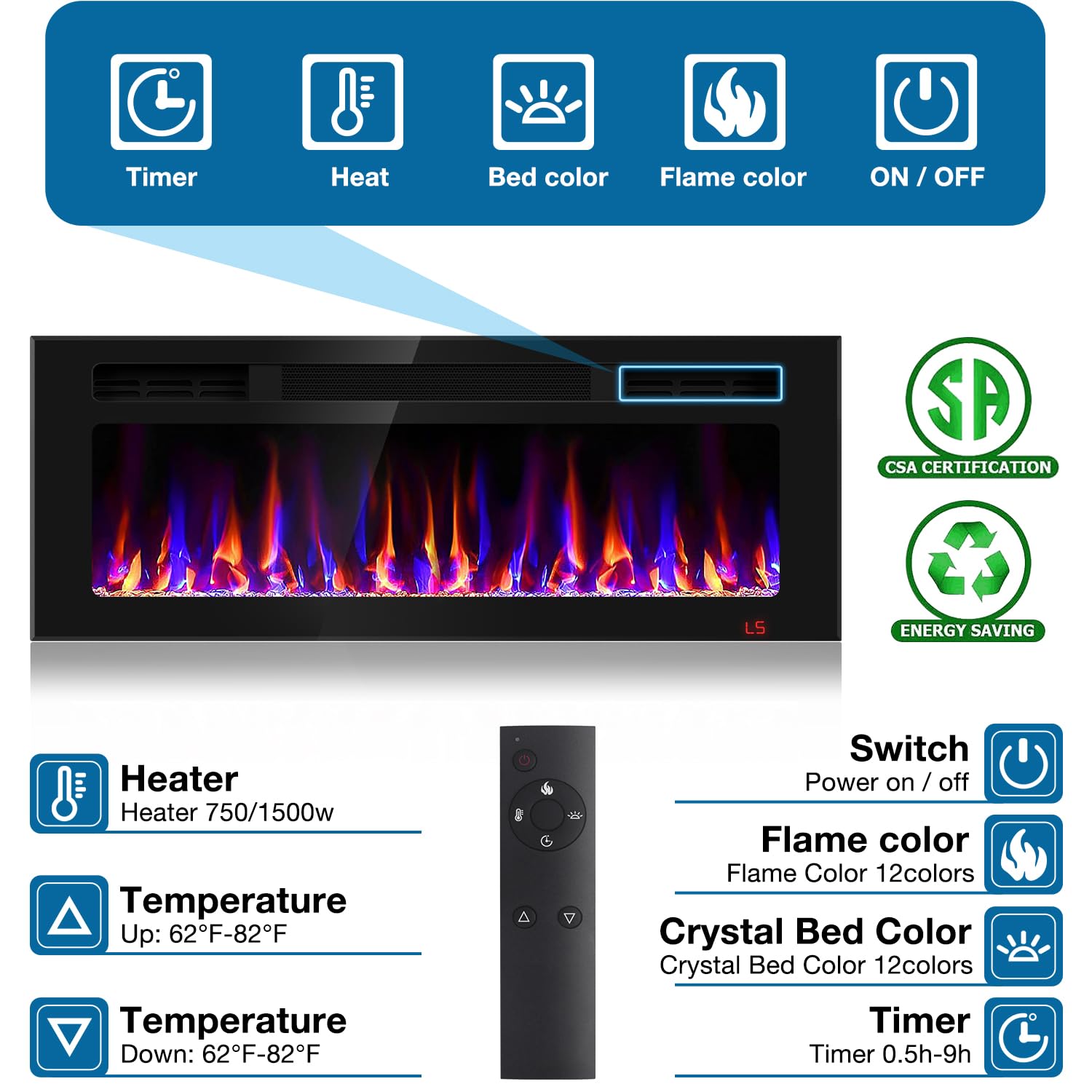 31 Inch Electric Fireplace Recessed and Wall Mounted, Fireplace Heater and Linear Fireplace, Ultra-Thin Electric Fireplace, Low Noise, with Timer, Remote Control, Adjustable 12 Flame Color, 750/1500W
