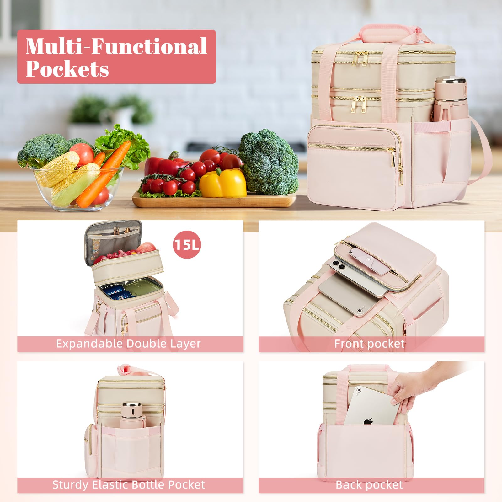 holuxer Insulated Lunch Bag & Lunch Box for Men - Double Deck Reusable Lunch Bag for Women Tote Cooler Bag Leakproof Soft Expandable - Large Lunchbox for Work/Adult/Picnic/Outdoor (Black，15L)
