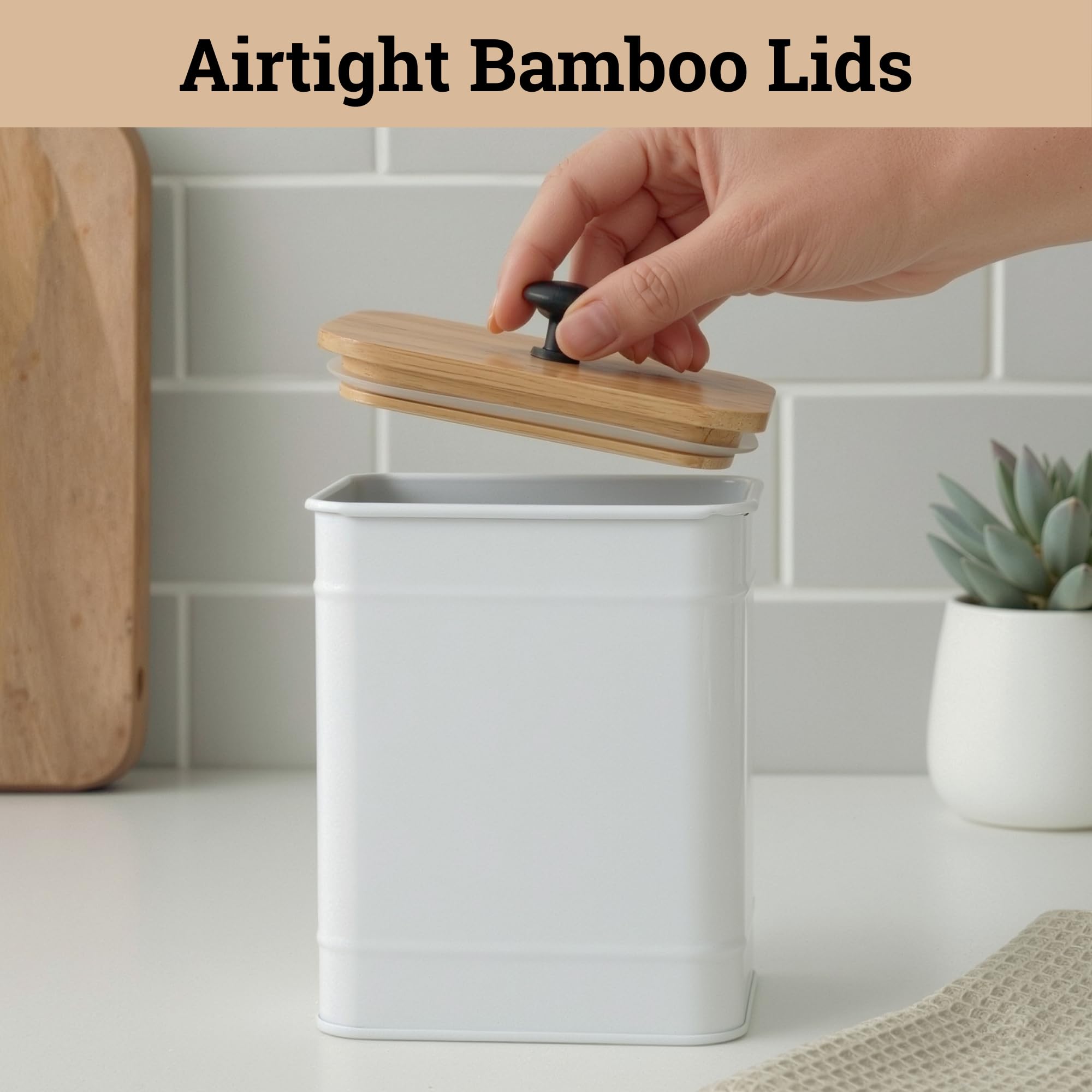 Kitchen Canisters for Countertop Set of 4 w/ Chalkboard Labels & Marker Pen | Airtight Easy Open Bamboo Lids, Dent-Resistant Thick Metal, Customizable Chalkboard Labels, Marker Pen Included, Set of 4