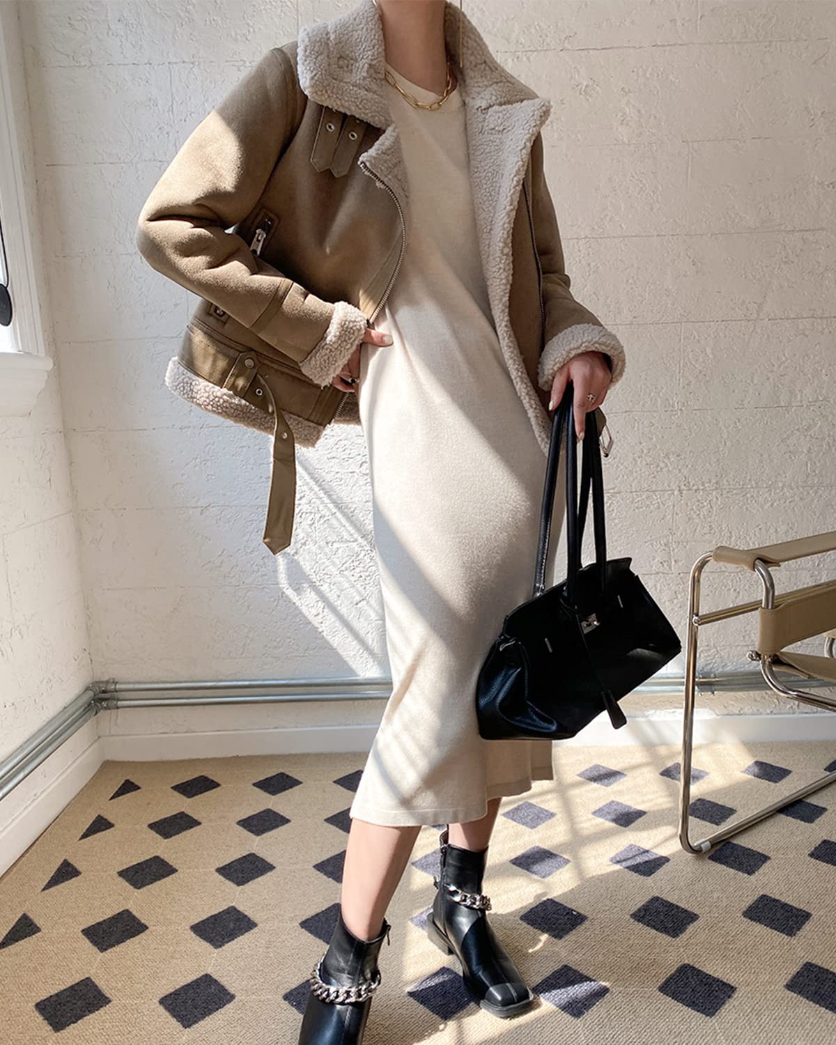 LY VAREY LIN Women's Faux Shearing Moto Jacket Thick Lined Parka Winter Shearling Coat Leather Jacket