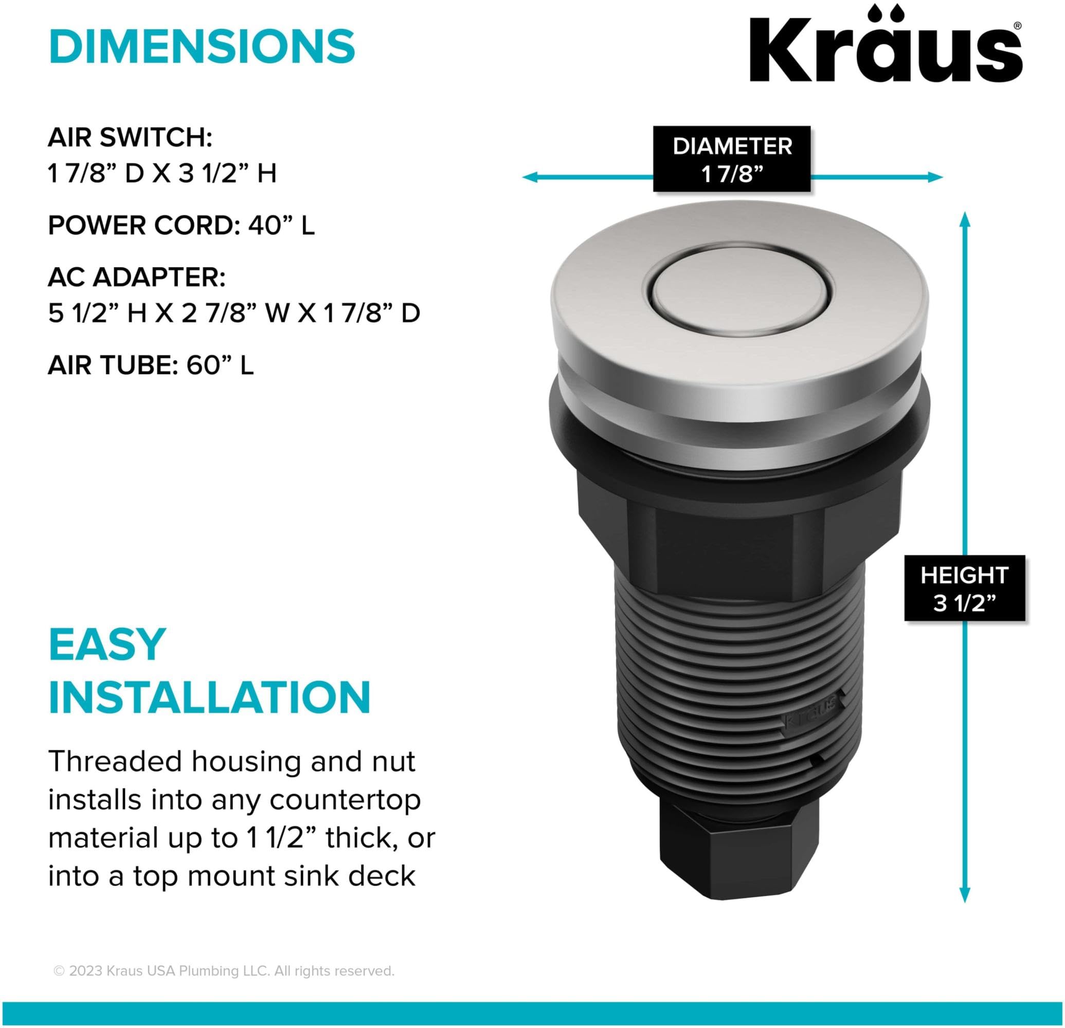 KRAUS Garbage Disposal Air Switch Kit with 2 Flat-Top Push Buttons in in Spot-Free Stainless Steel and Brushed Brass, AC Adapter, Power Cord, and Air Tube Included, KWDA-200BB