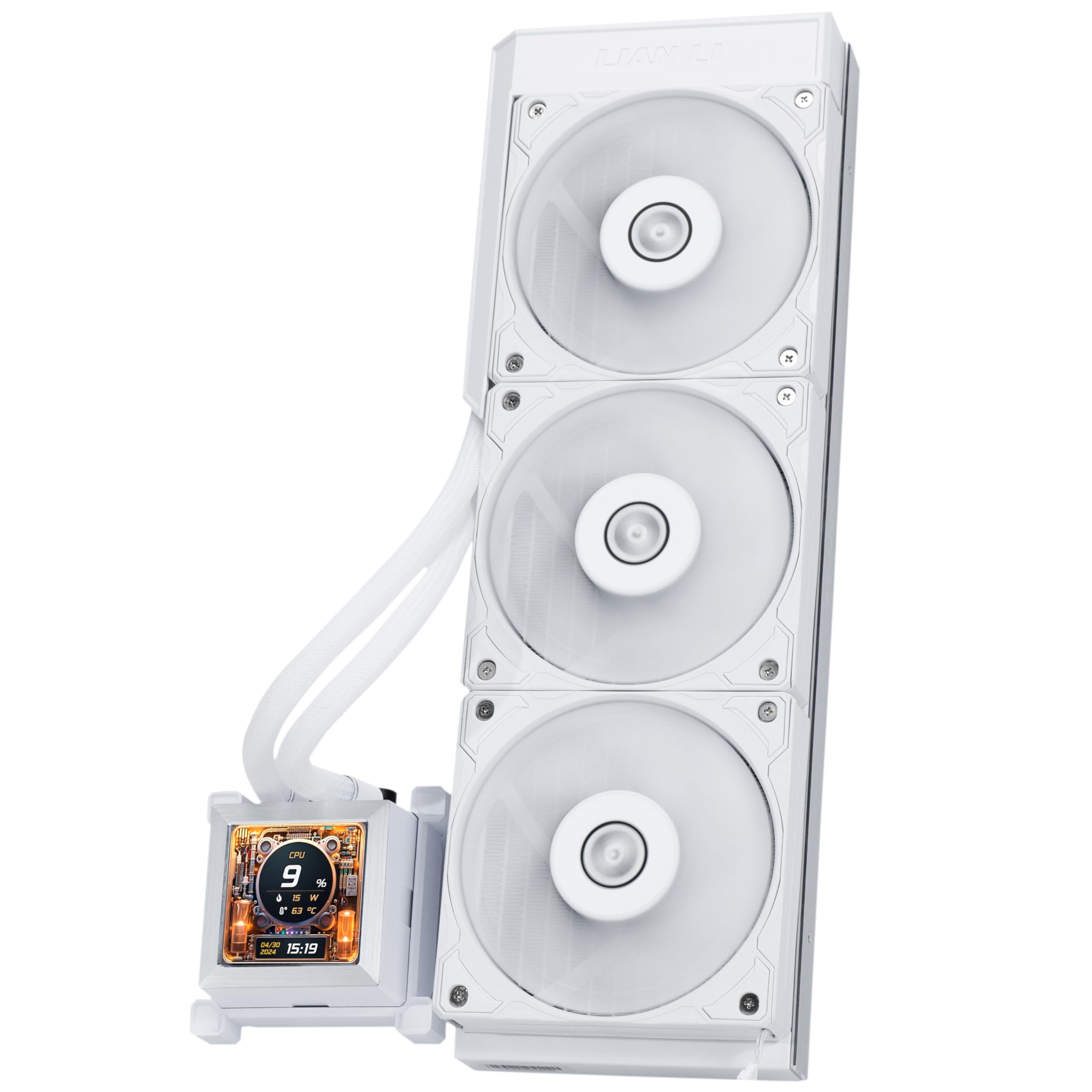 Lian Li Hydroshift LCD 360 Liquid Cooler - Flexible Side-Mounted Coolant Pathway, 2.88” LCD Screen - 480 x 480 Res. - Captured Screenshots or Recorded Videos - Fits Most PC Fans - Black (HSLCD36NB)