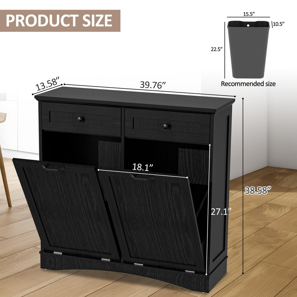 AHB Double Tilt Out Trash Can Cabinet Freestanding Kitchen Trash Can, 2x13 Gallons Hidden Garbage Recycling Cabinet with Hideaway Drawers Pet Proof Trash Can Holder for Kitchen, Antique White