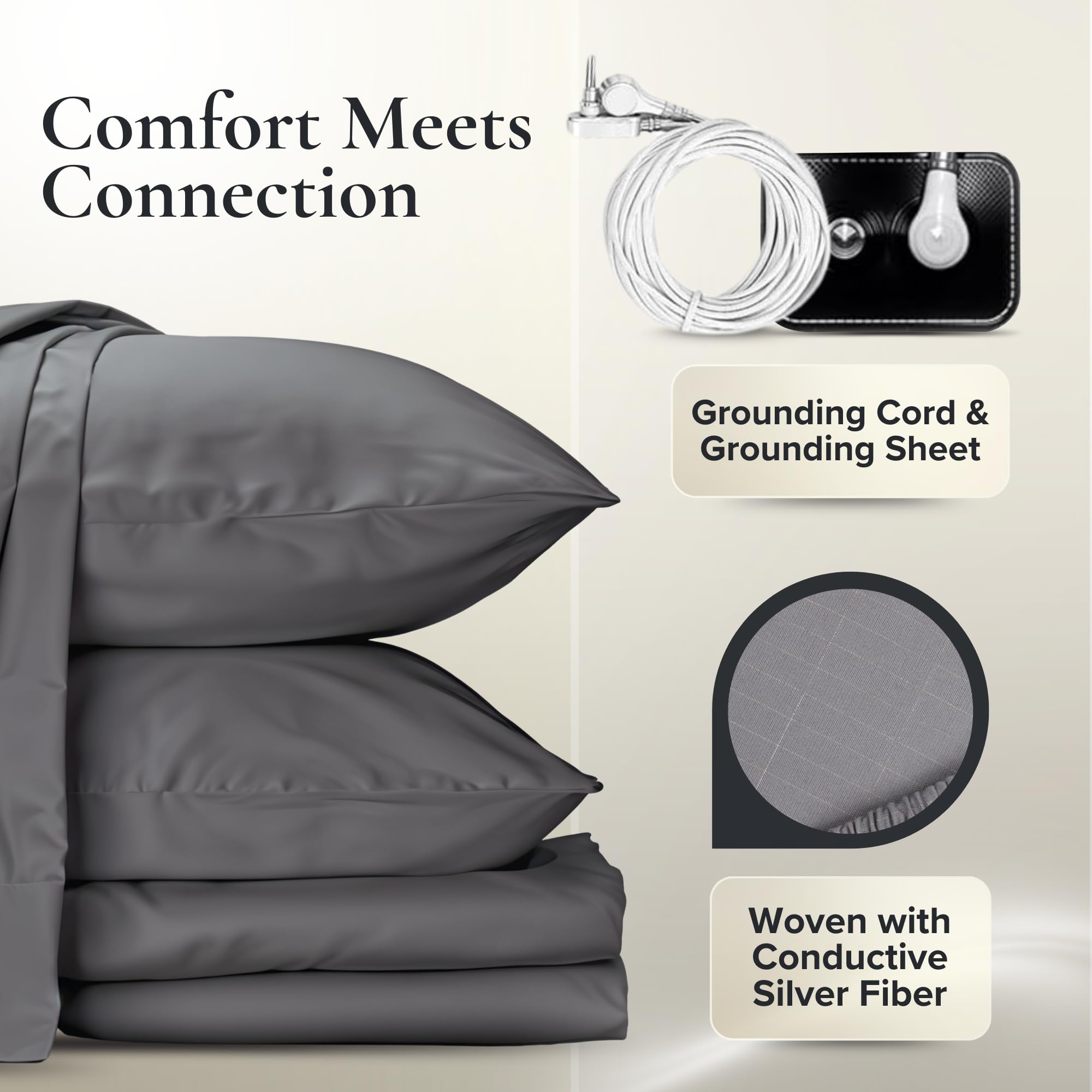 Earthing Grounding Sheets Twin Size(Grey) - 400 Thread Count Soft Earthing Sheets w/Cotton, Silver Fiber - Reinforced Grounding Cord for Conductivity – Ideal Grounding Bed Sheets for Better Sleep
