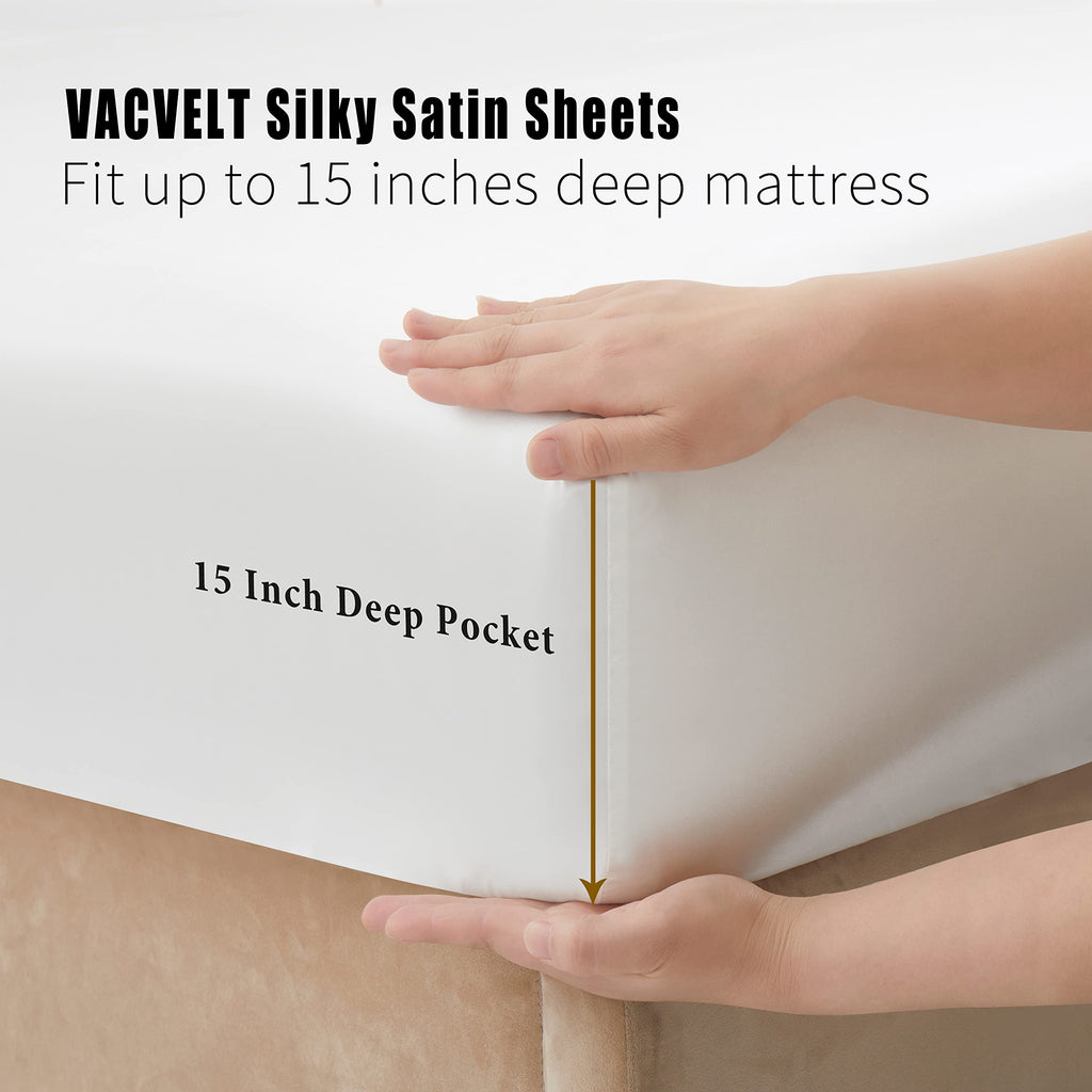 VACVELT 3pcs Beige Satin Sheets Twin Size Bed Set, 15 Inch Deep Pocket Silky Satin Sheet Set, Soft Satin Bedding Set Cooling & Luxury Bed Sheets, 1 Fitted Sheet + 1 Flat Sheet + 1 Pillowcase