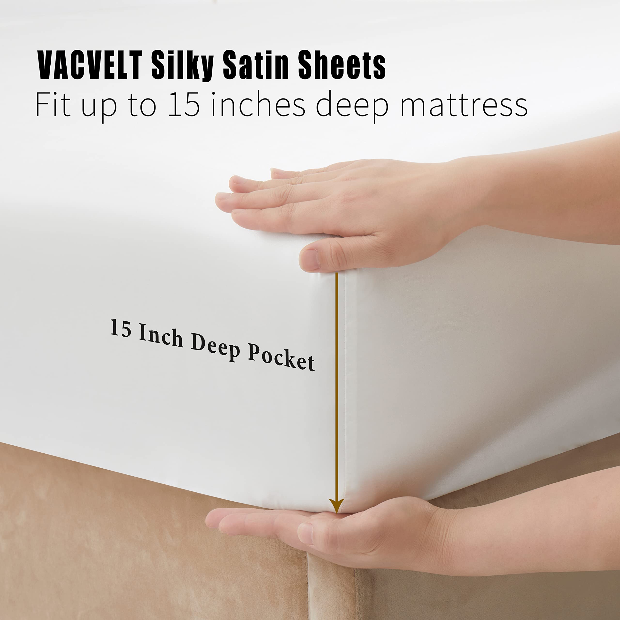VACVELT 3pcs Beige Satin Sheets Twin Size Bed Set, 15 Inch Deep Pocket Silky Satin Sheet Set, Soft Satin Bedding Set Cooling & Luxury Bed Sheets, 1 Fitted Sheet + 1 Flat Sheet + 1 Pillowcase