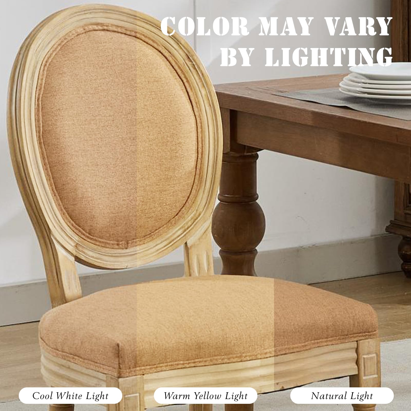 SoarFlash Linen French Dining Chairs Set of 2, Vantage Dining Chair with Round Back, Wood Leg Farmhouse Country Dining Chair for Living Room,Kitchen,Bedroom,Beige