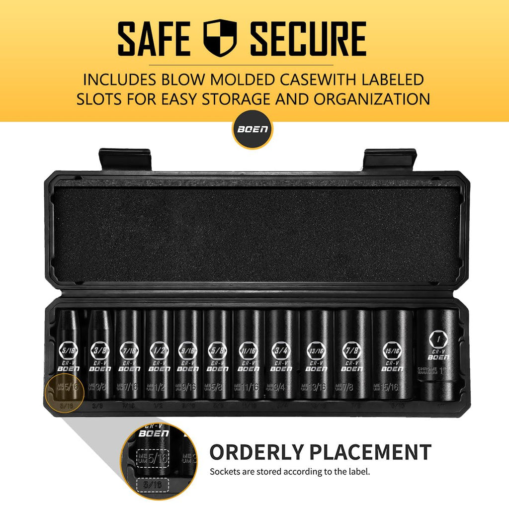 BOEN 1/2" Drive Deep Impact Socket Set, 11 Pieces Socket Set Metric 10-24mm, 6 Point Design, Cr-V Steel, Laser Marking, Durable Storage Case, Meets ANSI Standards