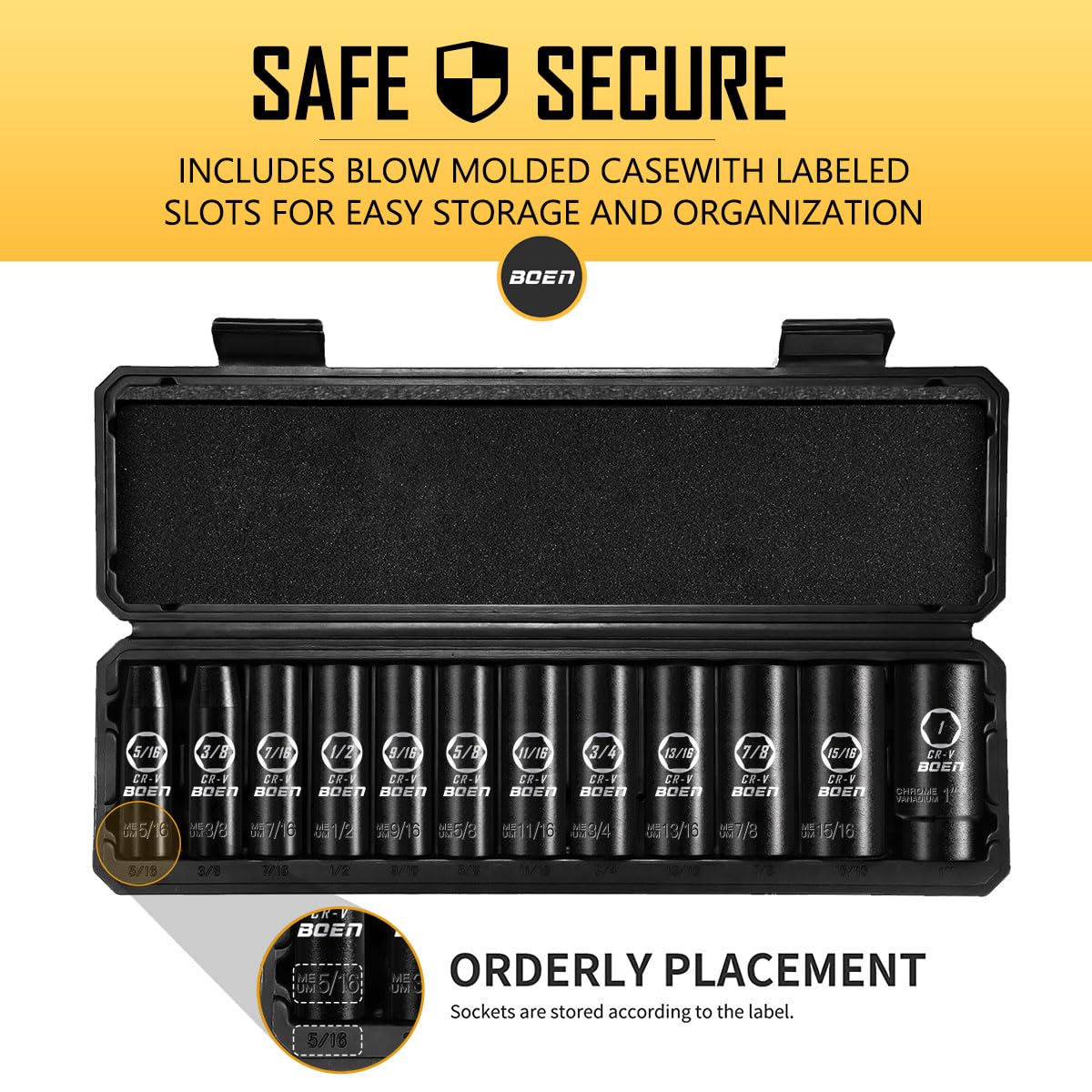 BOEN 1/2" Drive Deep Impact Socket Set, 11 Pieces Socket Set Metric 10-24mm, 6 Point Design, Cr-V Steel, Laser Marking, Durable Storage Case, Meets ANSI Standards