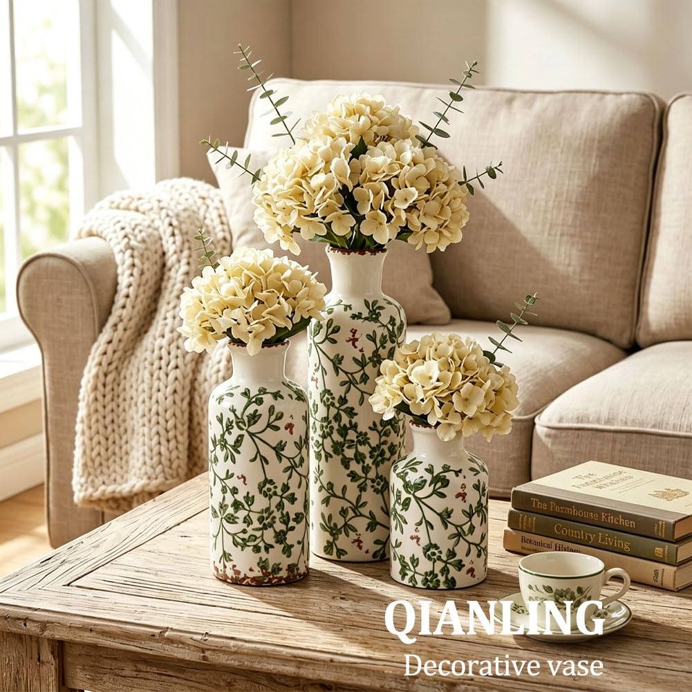 Ceramic Vase Set - 3 Ceramic Small Vases, Farmhouse Country Flower Vase Home Decor, Living Room Decoration, Table Decoration, Fireplace Decor, and Entrance Decorations Centerpieces