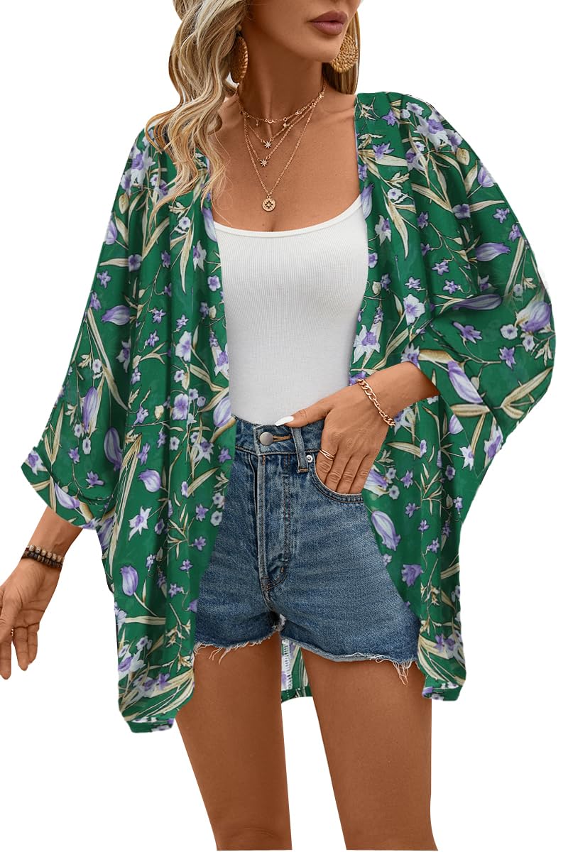 olrain Women's Floral Print Sheer Chiffon 3/4 Bat Sleeve Casual Loose Kimono Cardigan Capes