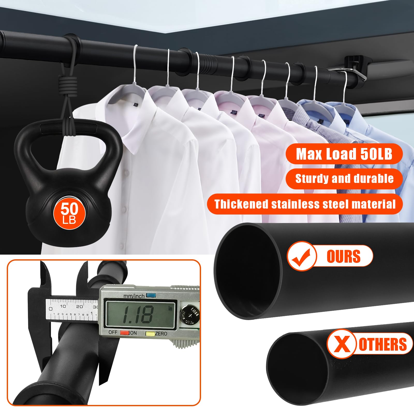 Car Clothes Hanger Bar, 30-63 Inches Expandable Heavy Duty Car Clothes Rack for Car Travel - Adjustable Clothes Storage Hanger Automotive Travel Hanging Rack for Most Cars,Trucks,SUVs,Road Travelers