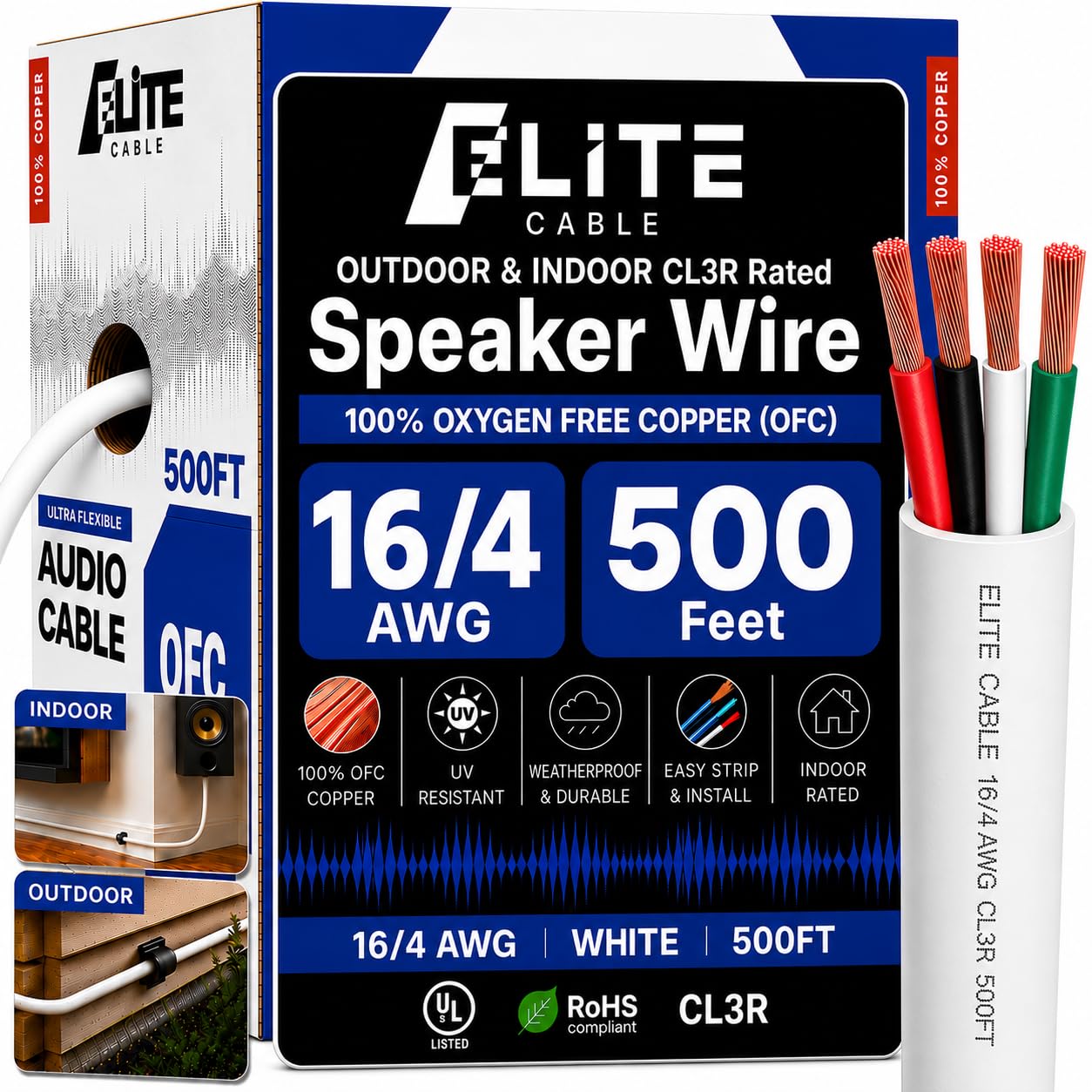 Elite 12/2 Speaker Wire 100ft, UL Listed, CMR/CL3R, (Riser/in-Wall & Outdoor/In-Ground (Direct Burial)- 100% Oxygen Free Pure Bare Copper (OFC), 12AWG/2-Conductor, 100ft Bulk Cable (65 Strands) Black