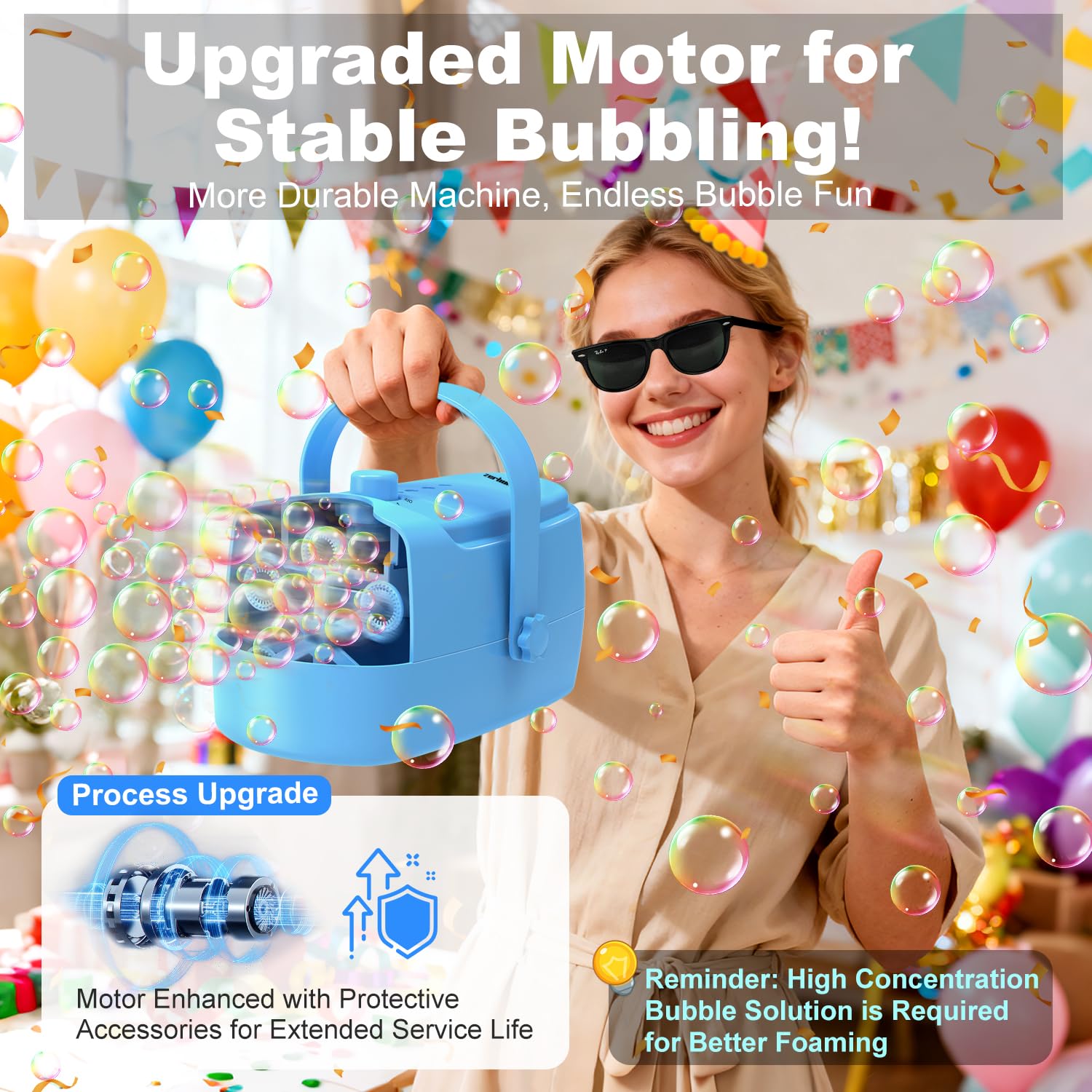 Zerhunt Durable Bubble Machine for Party: 3 Power Modes for Non-Stop Fun - 18000+ Bubbles Per Minute High Output 30 Mins Bubbles per Refill - Kids Safe Auto-Stop for Outdoor Backyard Birthday