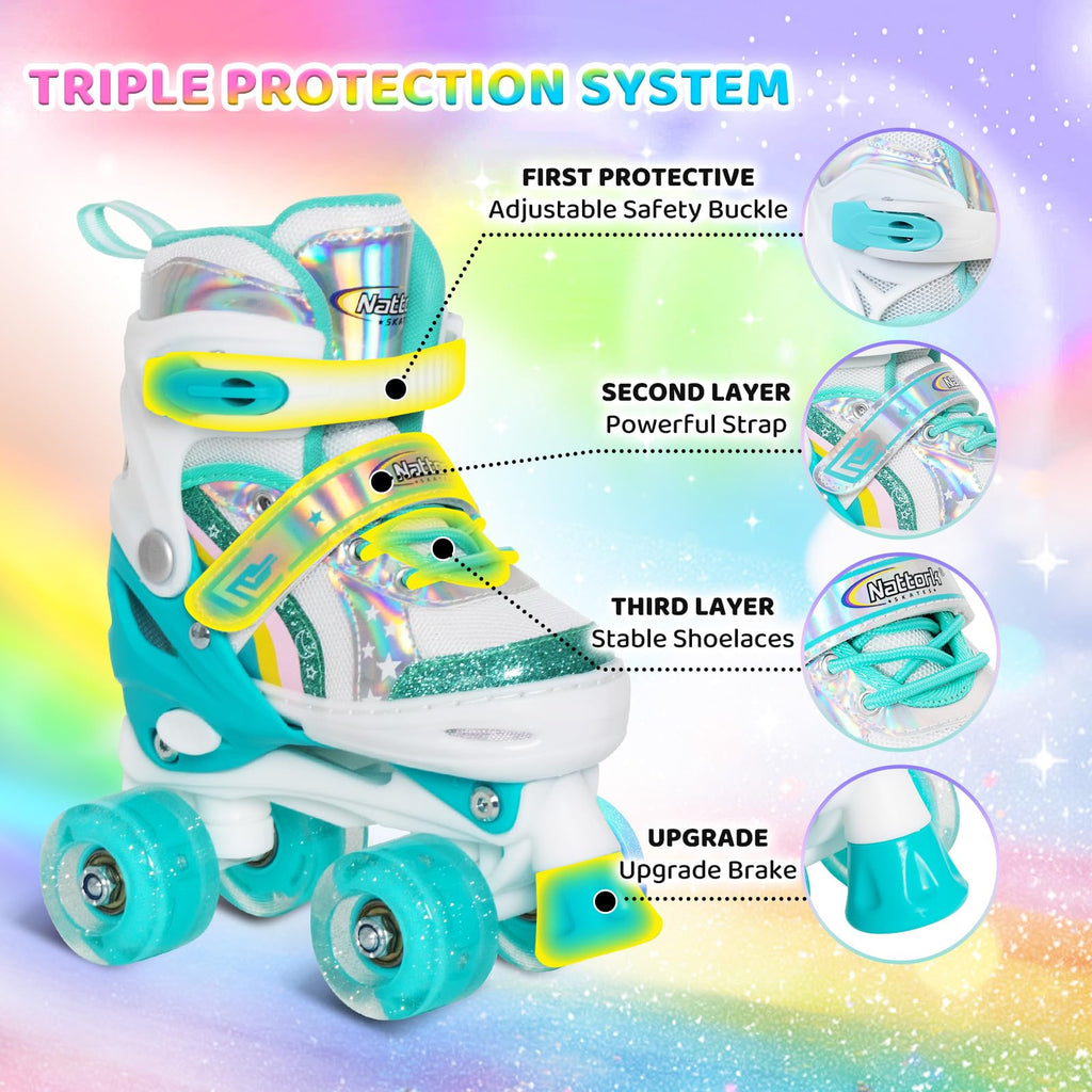 Nattork Girls Roller Skates for Kids, 4 Size Adjustable Rainbow Quad Skates with All Light Up Wheels - Best Birthday Gift for Outdoor Sports