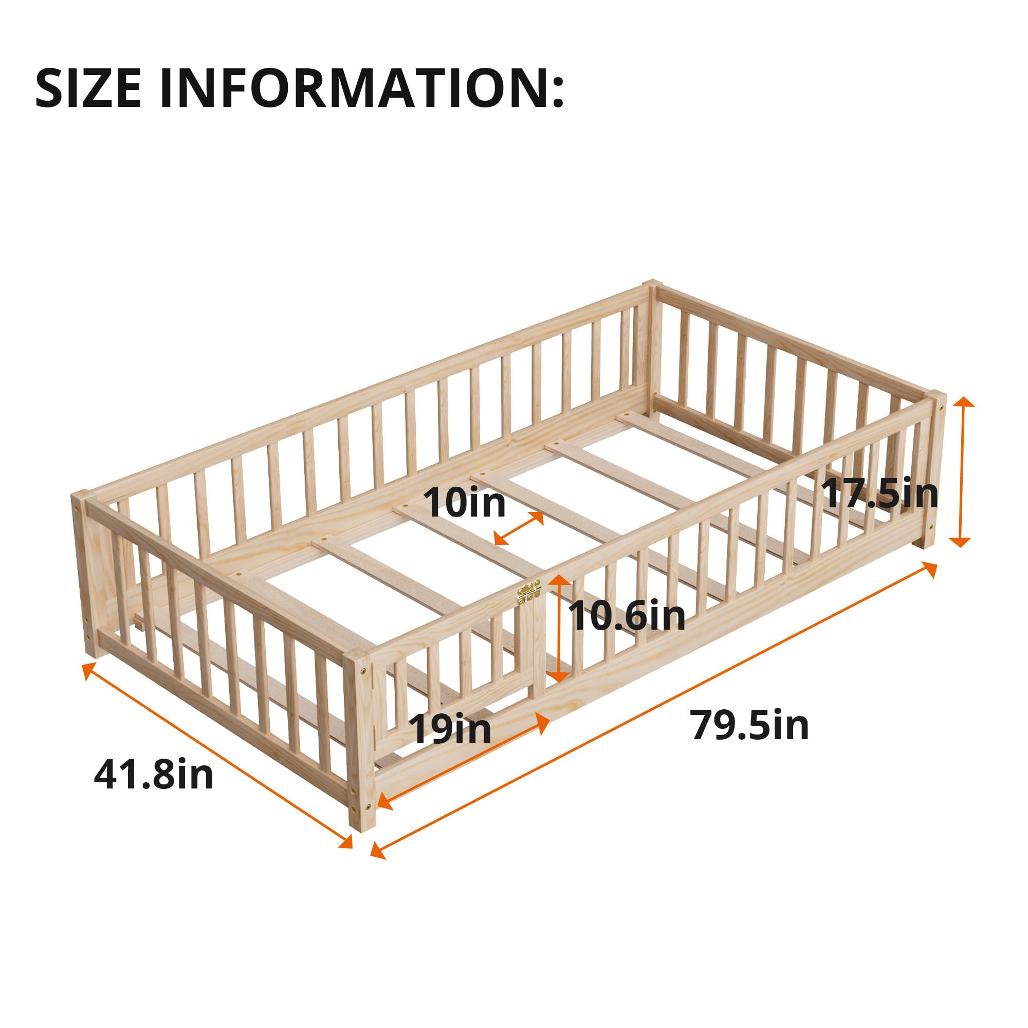 i-POOK Queen Floor Bed for Children, Sturdy Wood Montessori Bed Frame with Wood Slats, High Fence & Small Door for Girls and Boys, Espresso (with Bed Slats)