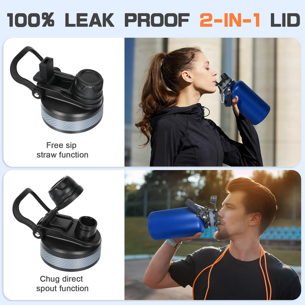 GAZLEMHO 40 oz Insulated Water Bottle with Straw& Spout 2-in-1 Lid, Triple Wall Vacuum Stainless Steel Cold 48H, Leak Proof Sports Metal Flask Jug with Paracord Handle, Black