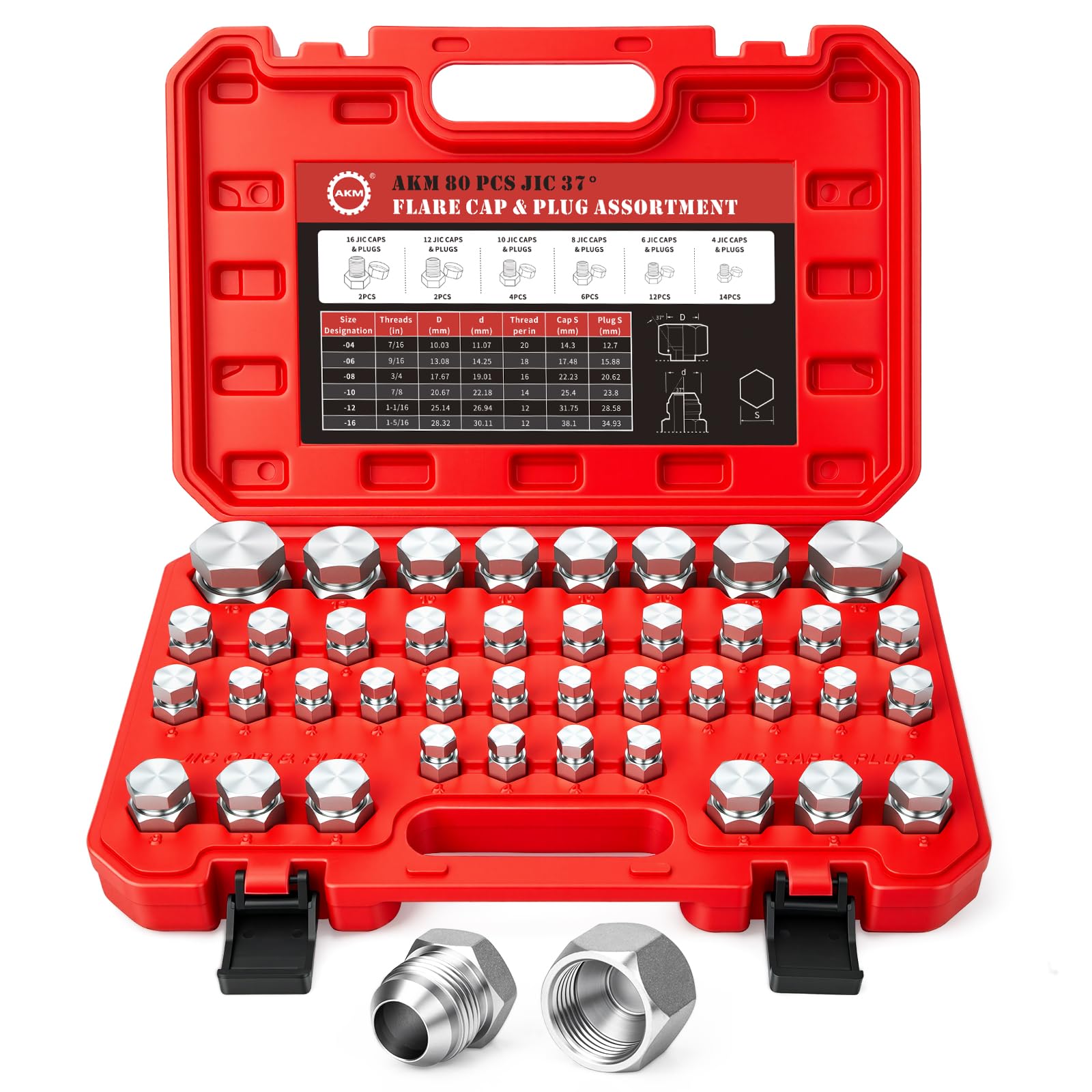 AKM 80 Pcs JIC 37° Flare Cap and Plug Kit Industrial Hydraulic Cap and Plug Hose Tube and Pipe Fitting Kit Precision Threading in Dash Sizes 4 6 8 10 12 16