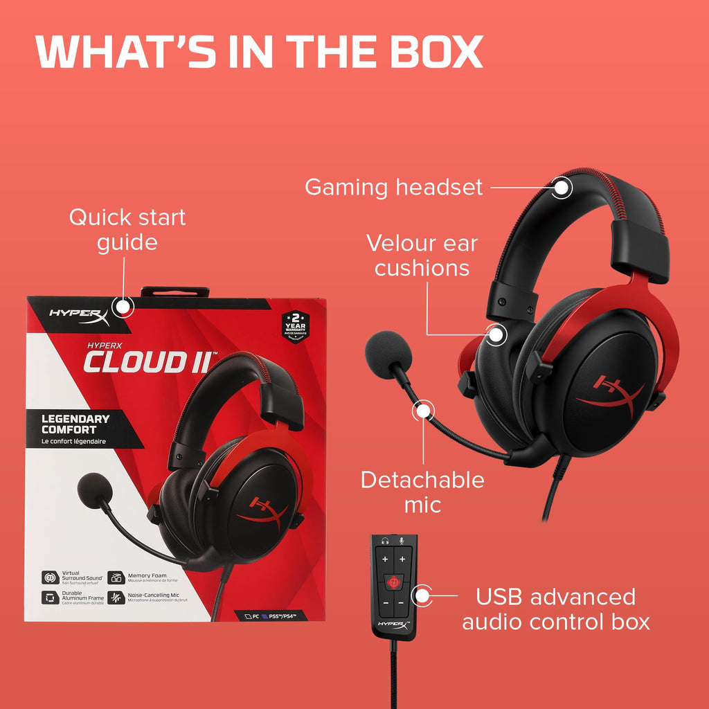 HyperX Cloud II Gaming Headset - 7.1 Surround Sound - Memory Foam Ear Pads - Durable Aluminum Frame - Multi Platform Headset - Works with PC, PS4, PS4 PRO, Xbox One, Xbox One S - Red (KHX-HSCP-RD)