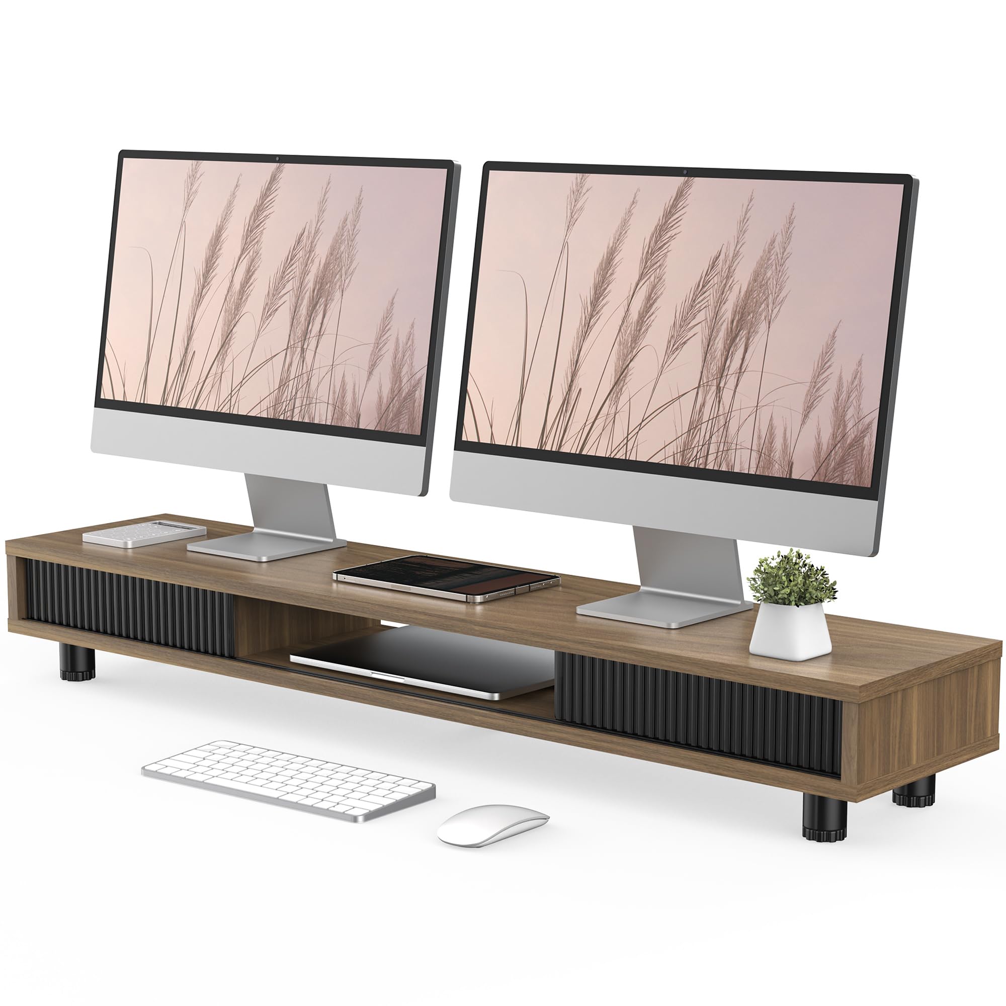 Fenge Dual Monitor Stand, 42.5inch Long Monitor Stands Riser for 2 Monitors, Glass Sliding Door with Storage Organizer Stand for Desk, 2 Tier Desk Shelf for Laptop, Pc, Printer, Computer, TV
