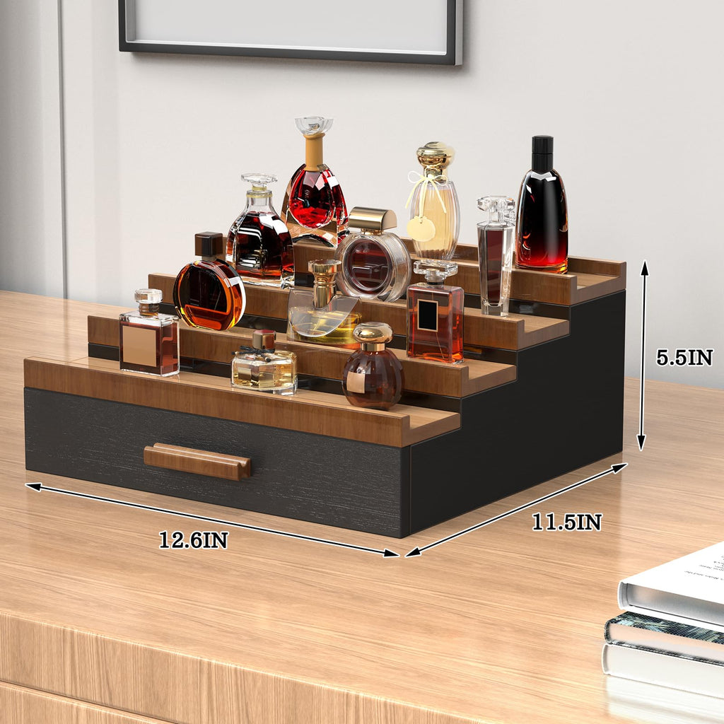 Wooden Cologne Organizer for Men 4 Tier of Perfume Display Holder of Drawer & 2 Hidden Compartments Larger Storage Space Mens Perfume Organizer Shelf Stand,Gift for Man (4T-Black Walnut)