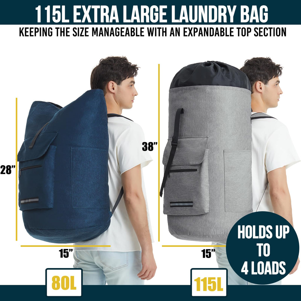 Laundry Bag Extra Large 115L, Laundry Backpack Bag, Laundry Bags Extra Large Heavy Duty, Laundry Bag with Straps, Clothes Hamper Bags with 4 Pockets, College Laundromat Backpack for Dorm Room