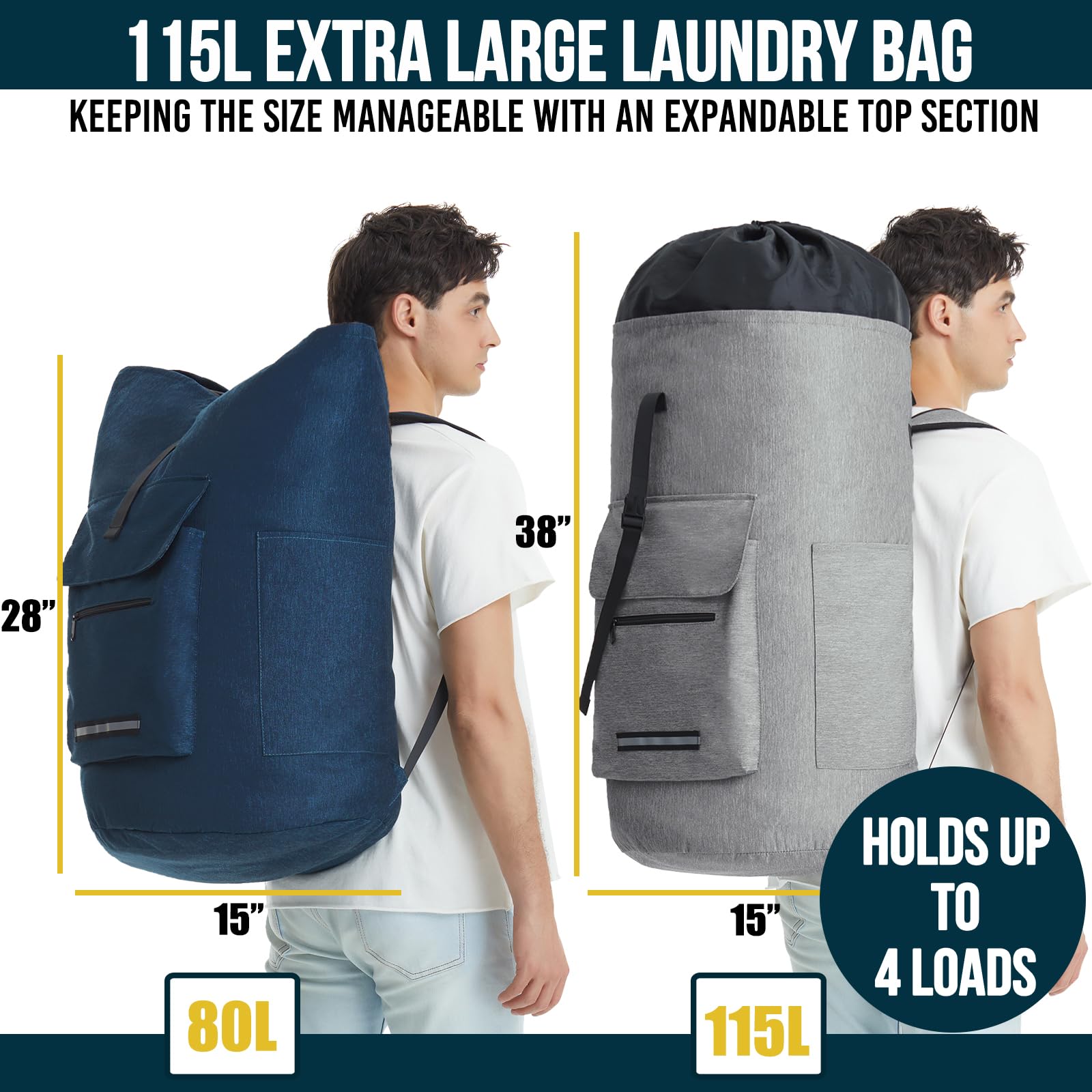 Laundry Bag Extra Large 115L, Laundry Backpack Bag, Laundry Bags Extra Large Heavy Duty, Laundry Bag with Straps, Clothes Hamper Bags with 4 Pockets, College Laundromat Backpack for Dorm Room
