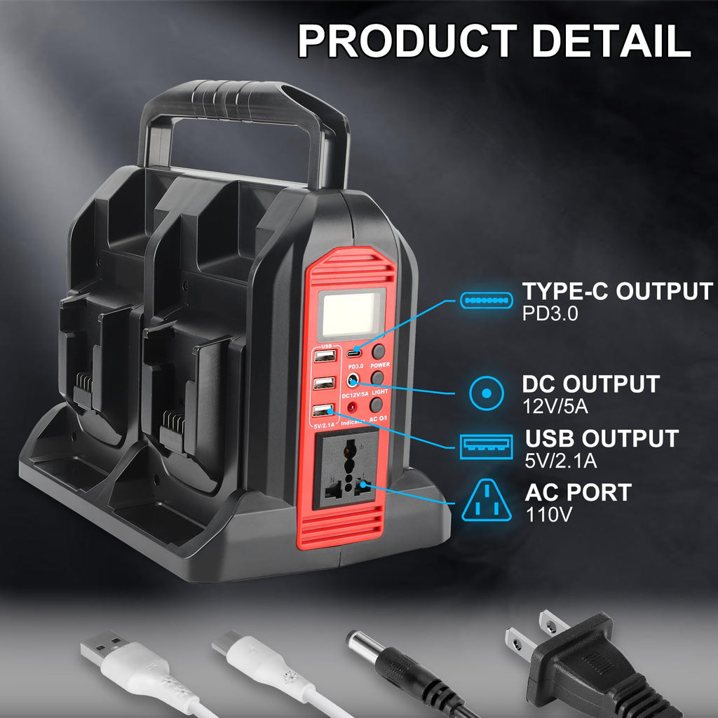 350W Inverter for Milwaukee 18V Li-ion Battery, 4-Port 20V to 120V Pure Sine Wave Inverter with LED Light, 3 USB-A Port, 1 USB-C Port, 1 DC Port, Power Station for Outdoor Camping(No Battery)