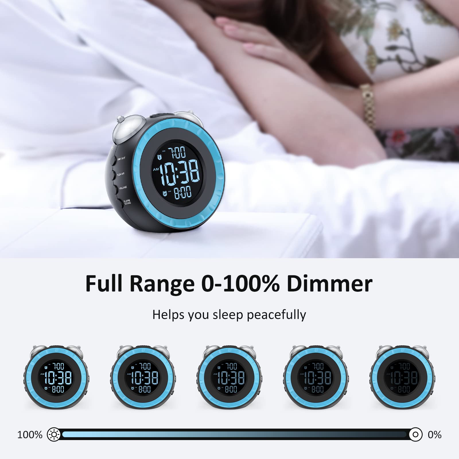 uscce Loud Dual Alarm Clock with Bed Shaker - 0-100% Dimmer, Vibrating Alarm Clock for Heavy Sleepers or Hearing Impaired, Easy to Set, USB Charging Port, Snooze, Battery Backup
