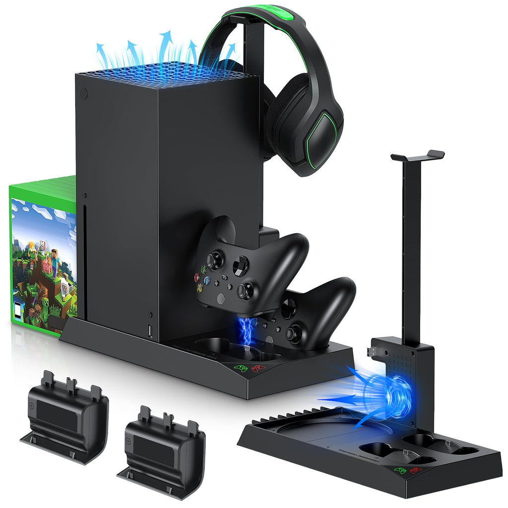 MENEEA Cooling Fan & Charging Stand for Xbox Series X Console & Controller,Vertical Cooler System Dual Charger Station Dock Accessories with 2 x 1400mAh Rechargeable Battery for Xbox Series X