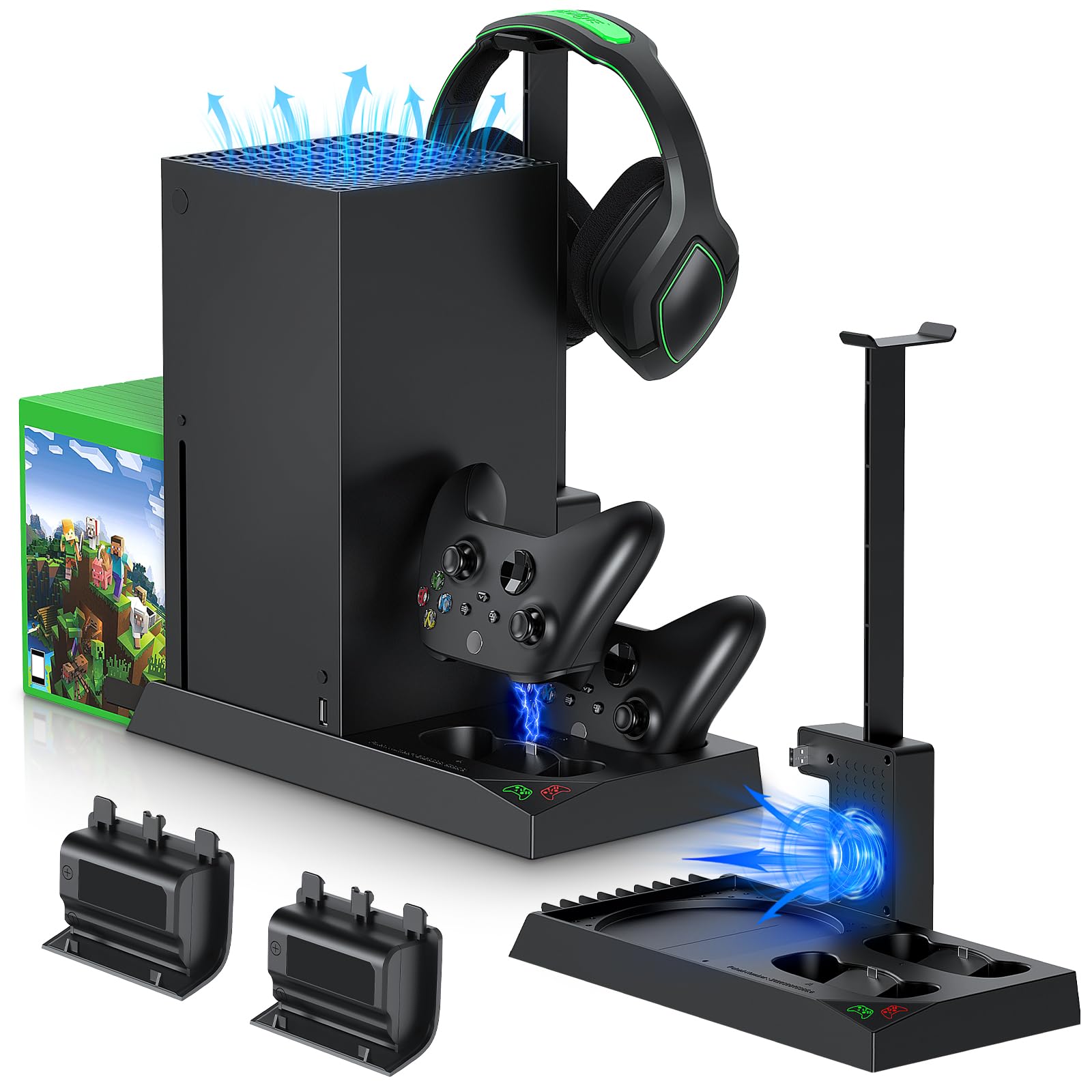 MENEEA Cooling Fan & Charging Stand for Xbox Series X Console & Controller,Vertical Cooler System Dual Charger Station Dock Accessories with 2 x 1400mAh Rechargeable Battery for Xbox Series X
