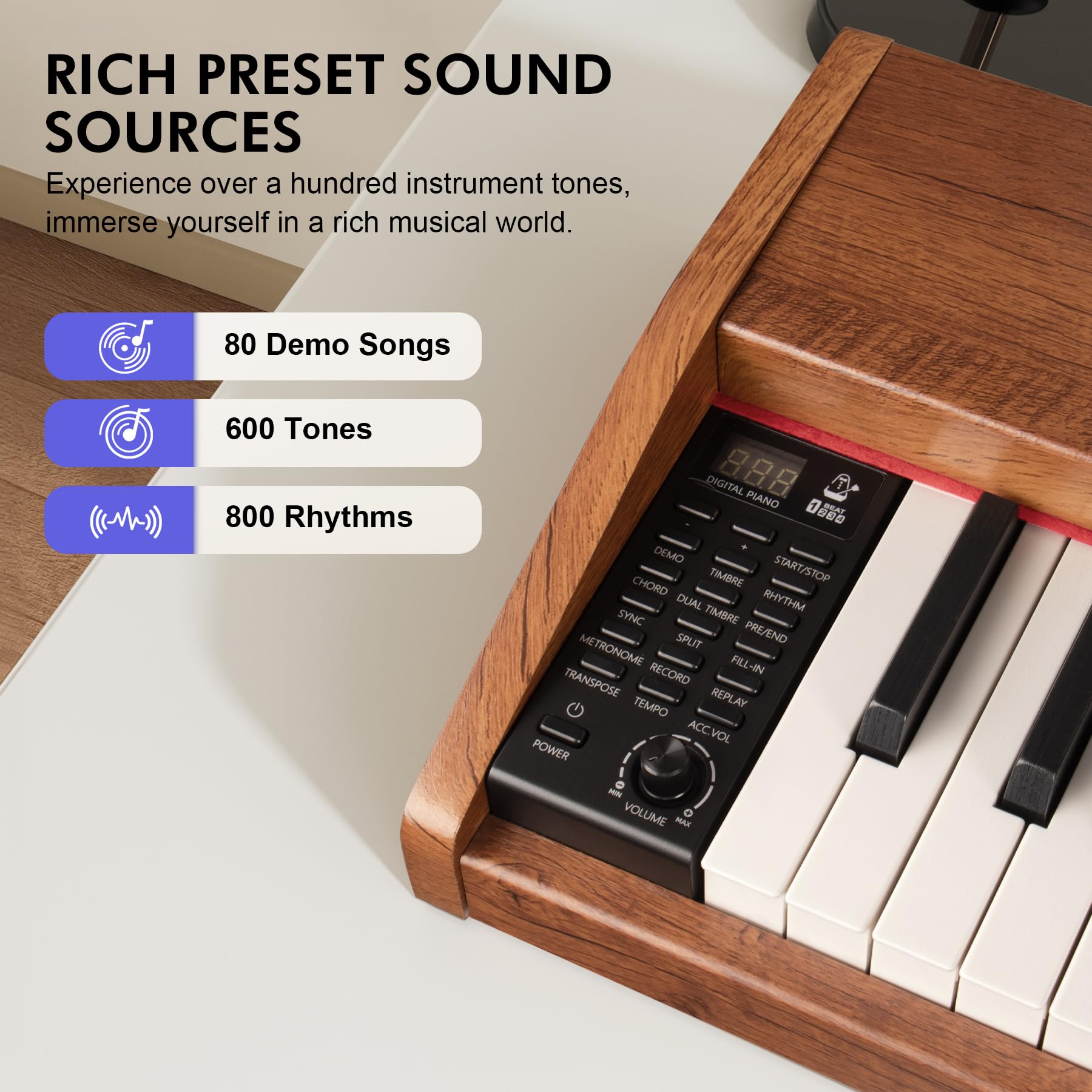 UISCOM Digital Piano Keyboard for Beginners, Full Size 88 Key Semi-Weighted Keyboard Electric Piano with Stand,Power Adapter,Sheet Music Stand,Pedal,Headphone,USB-MIDI Compatible,Wood Grain Apricot