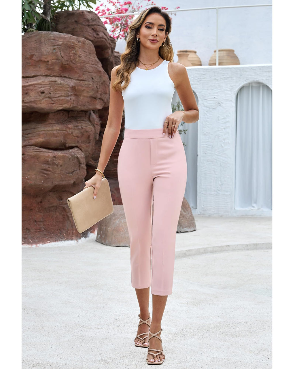 GRAPENT Capri Pants for Women High Waisted Pull On Dress Pants Slim Straight Leg Stretchy Waist Capris Trousers Pants