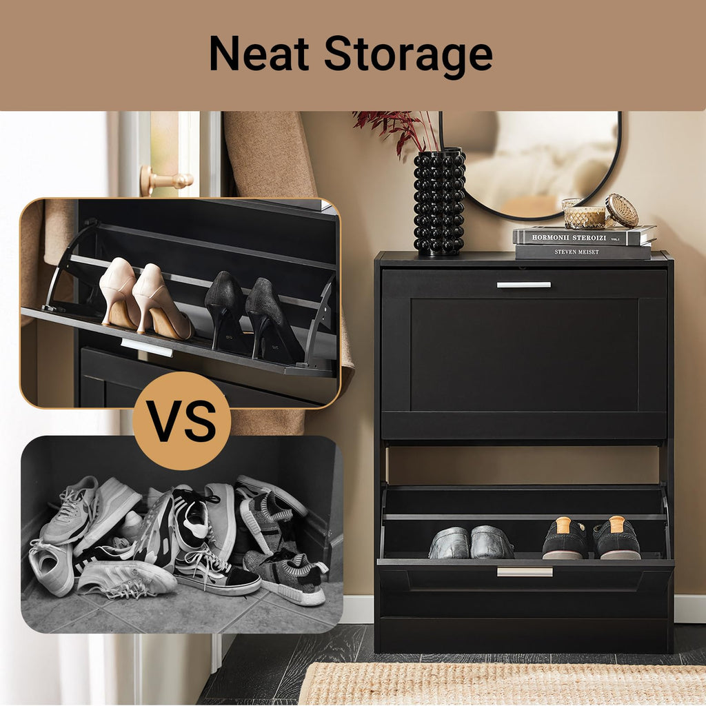 Haotian Shoe Cabinet Storage for Entryway, Narrow Shoe Cabinet with Two Flip Drawers to Save Space, Shoe Rack Cabinet for Front Door Entrance Hallway (Black)