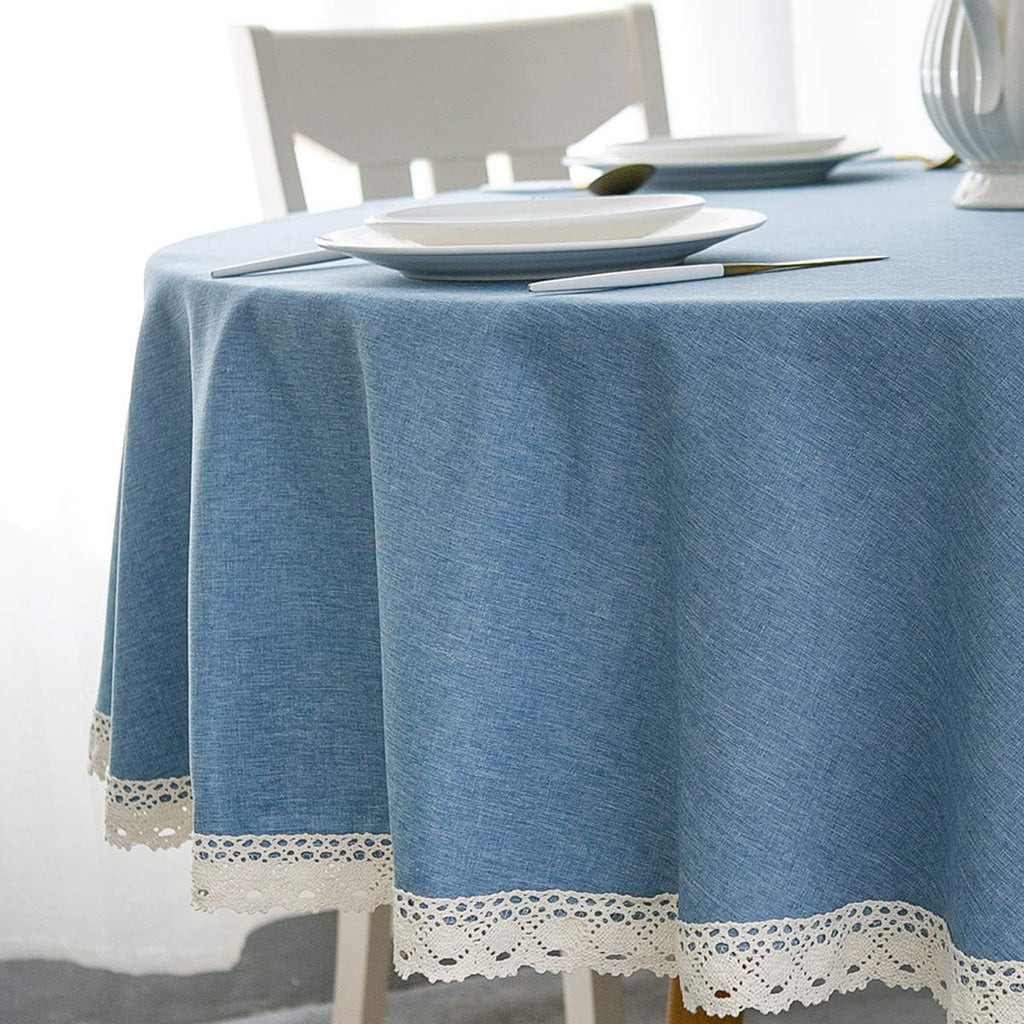 EHouseHome Faux Linen Tablecloth with Lace Trim - Waterproof/Spill Proof/Stain Resistant/Wrinkle Free/Oil Proof - for Banquet, Parties,Dinner,Kitchen,Wedding,Holiday,Blue Fog,Square 52X52Inch