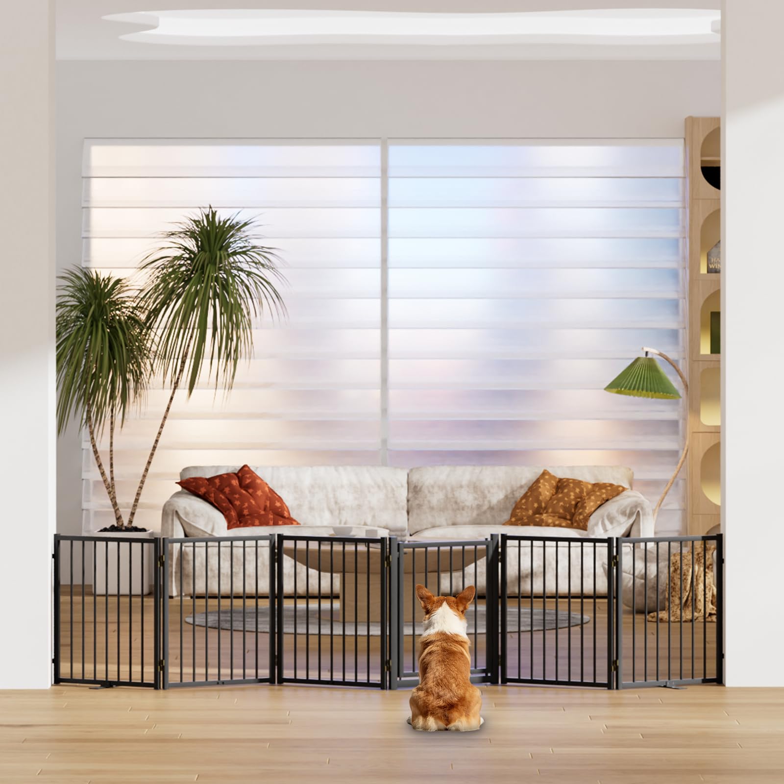 SNUOWU Full Metal Freestanding Dog Gate with Door, 24'' Height Foldable Pet Dog Fence for Indoor & Outdoor, 2 Panels Extra Wide Free Standing SmallDog Gates for Doorways,House,Stairs,Porch,Deck,Yard