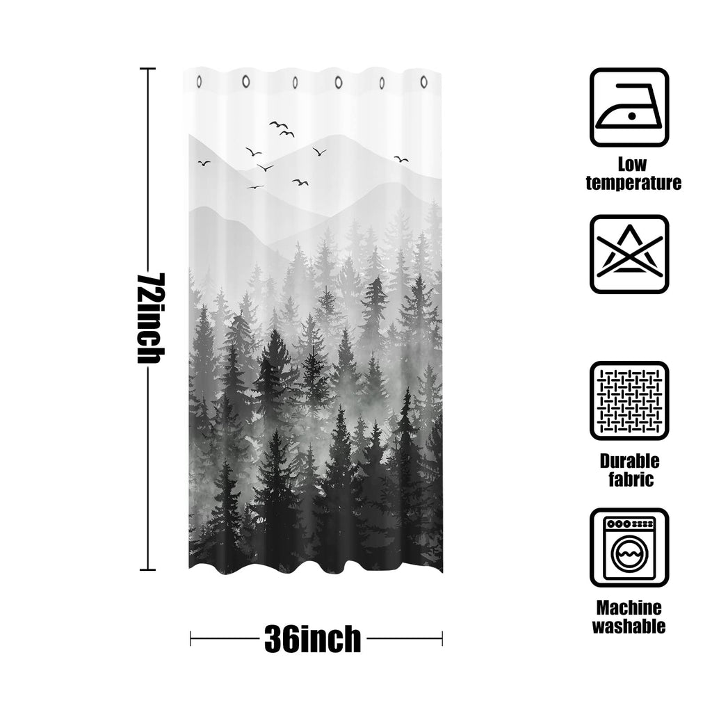 Stall Small Black and White Misty Forest Shower Curtain Ombre Gray Grey Mountain Pine Tree Waterproof Fabric Shower Curtains for Bathroom Nature Woodland Decorative Bath Curtain Decor 36×72 Inches