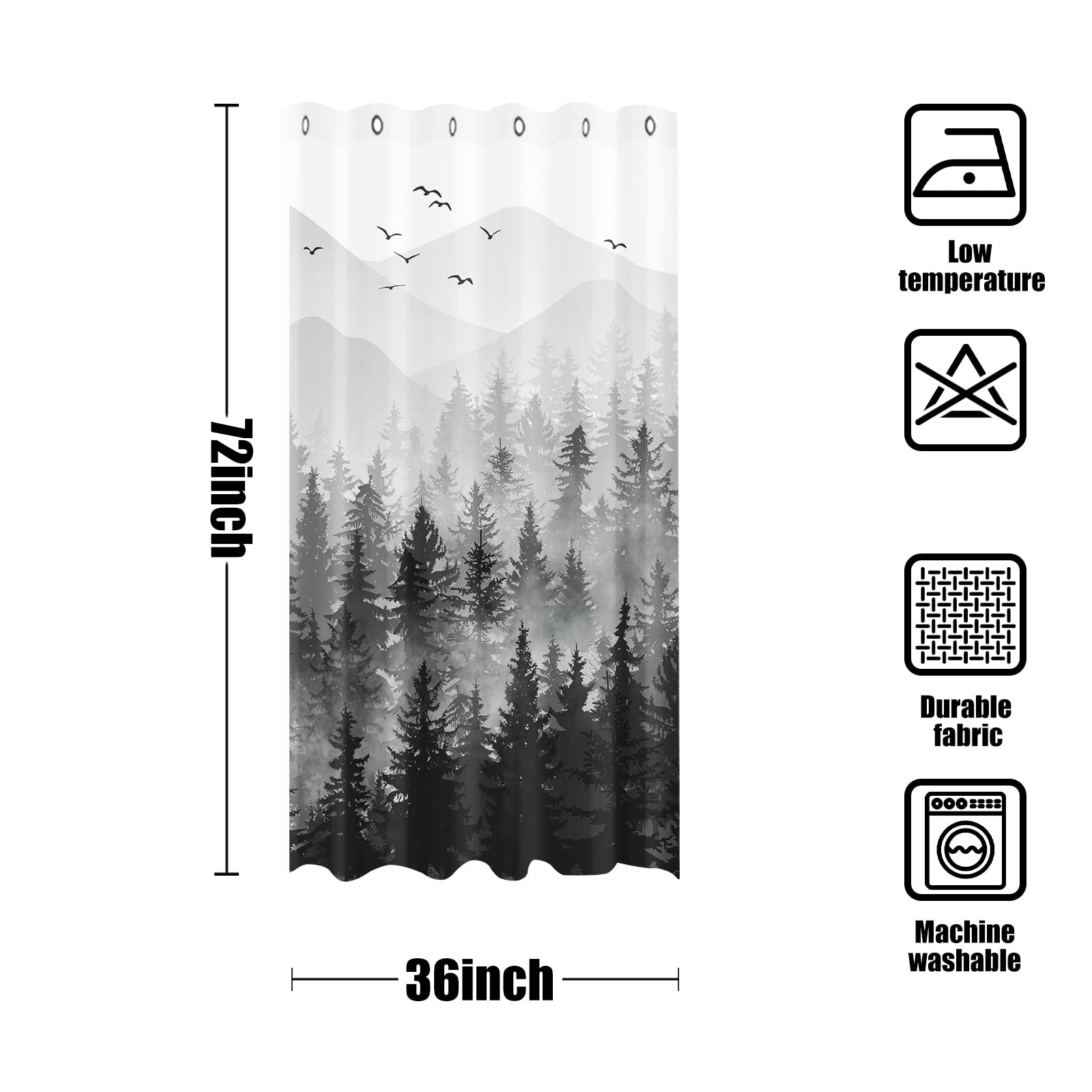 Stall Small Black and White Misty Forest Shower Curtain Ombre Gray Grey Mountain Pine Tree Waterproof Fabric Shower Curtains for Bathroom Nature Woodland Decorative Bath Curtain Decor 36×72 Inches