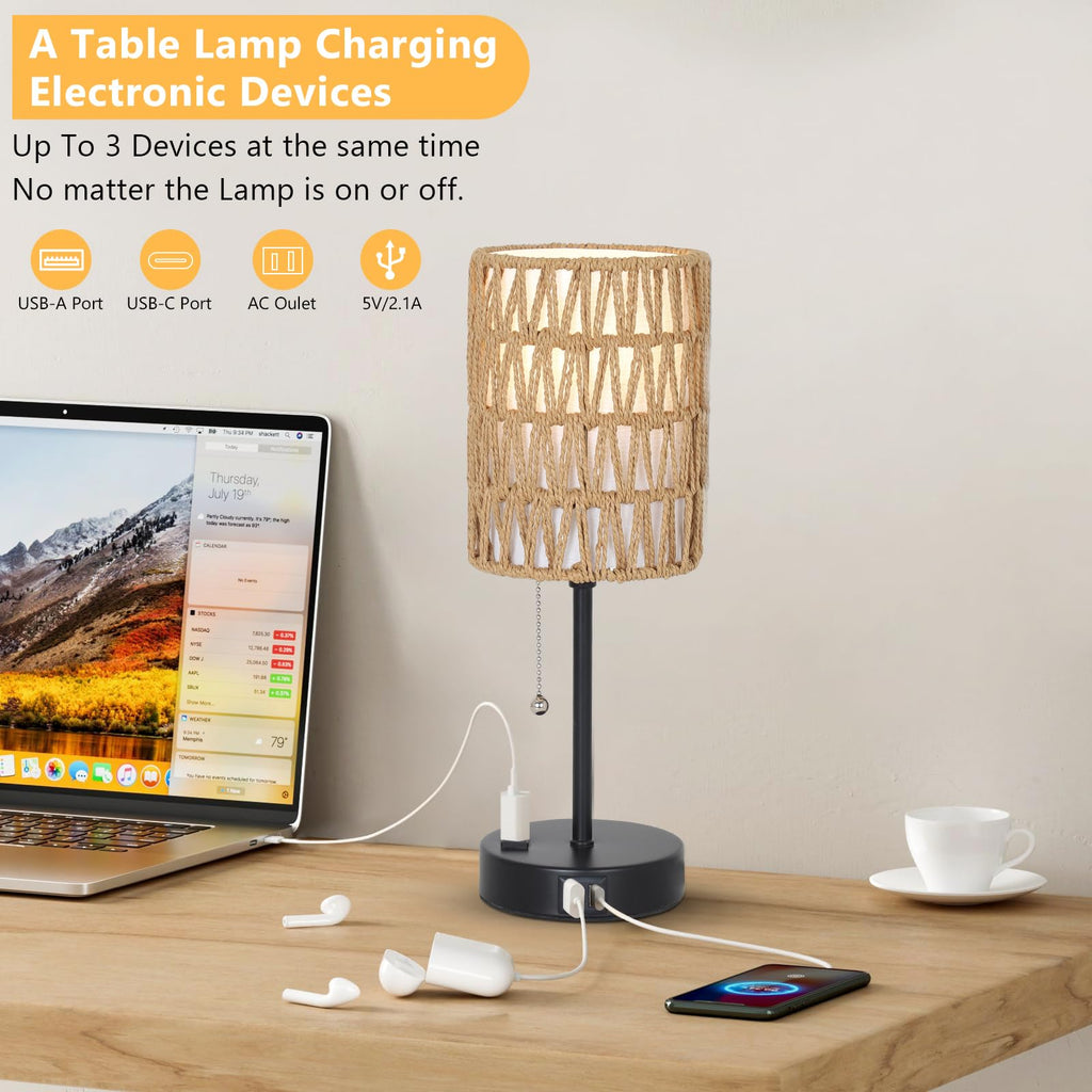 Rattan Bedside Table Lamps Set of 2 - Boho Lamps With 3 Color Temperatures & USB AC Port, Pull Chain Table Lamp For Bedroom, Cute Small Lamp For Nightstand Office Desk Bed Side End Table Living Room