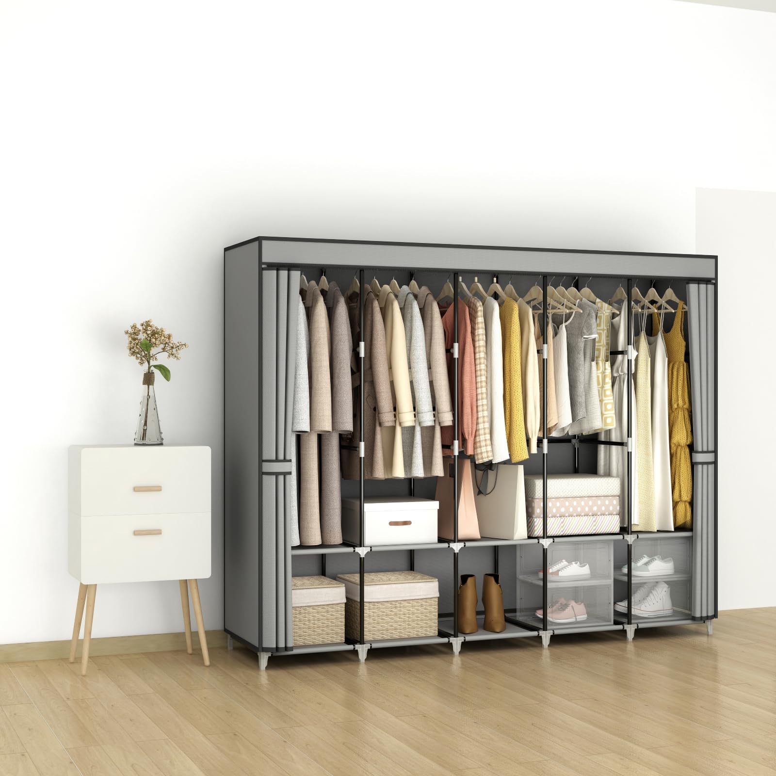 MOGELAFOO Portable Closet Wardrobe for Small Room, 35-Inch Clothing Organizer Storage Rack with 2 Clothes Hanging Rods and 4 Shelves, Non-Woven Fabric Cover, Black