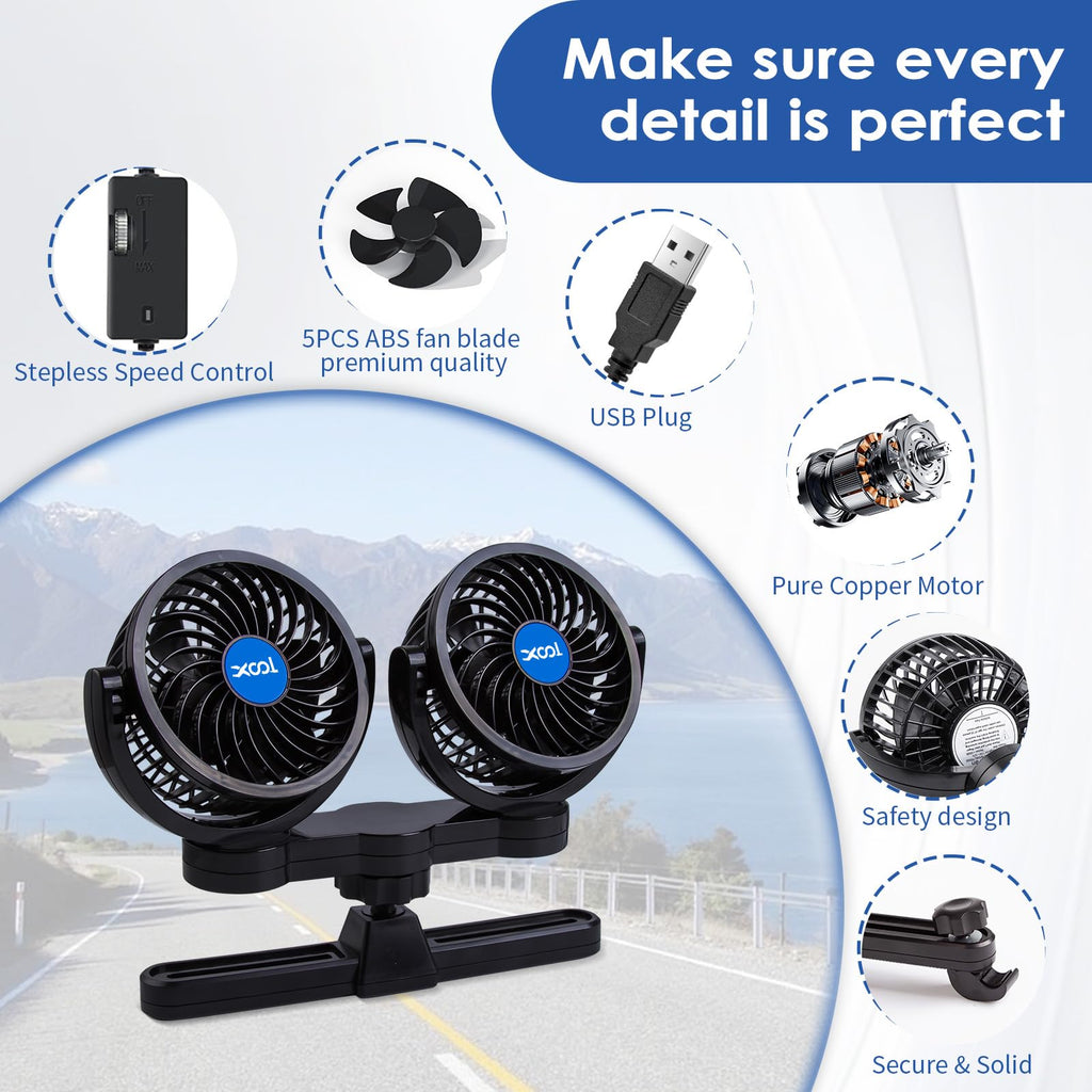 XOOL Clip Car Fan, 9 Inches 12V/24V Fan, 360° Rotatable Electric Cooling Clip on Fan with Stepless Speed Regulation for SUV, RV, Truck