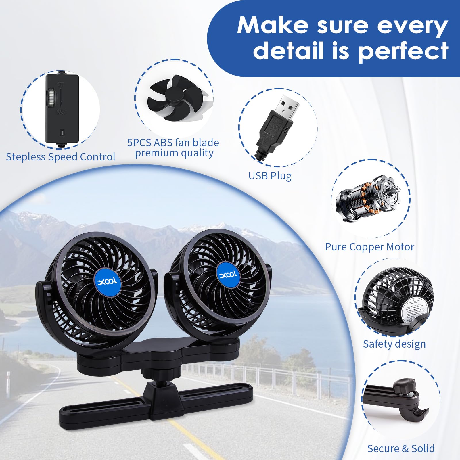 XOOL Clip Car Fan, 9 Inches 12V/24V Fan, 360° Rotatable Electric Cooling Clip on Fan with Stepless Speed Regulation for SUV, RV, Truck