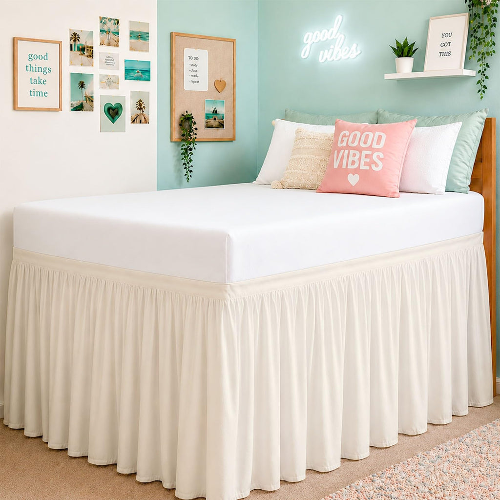 Cottington Lane Ruffled Dorm Room Bed Skirt Twin XL 25 Inch Drop, Hotel Quality Premium Brushed Microfiber Twin Extra Long College Dust Ruffle, White