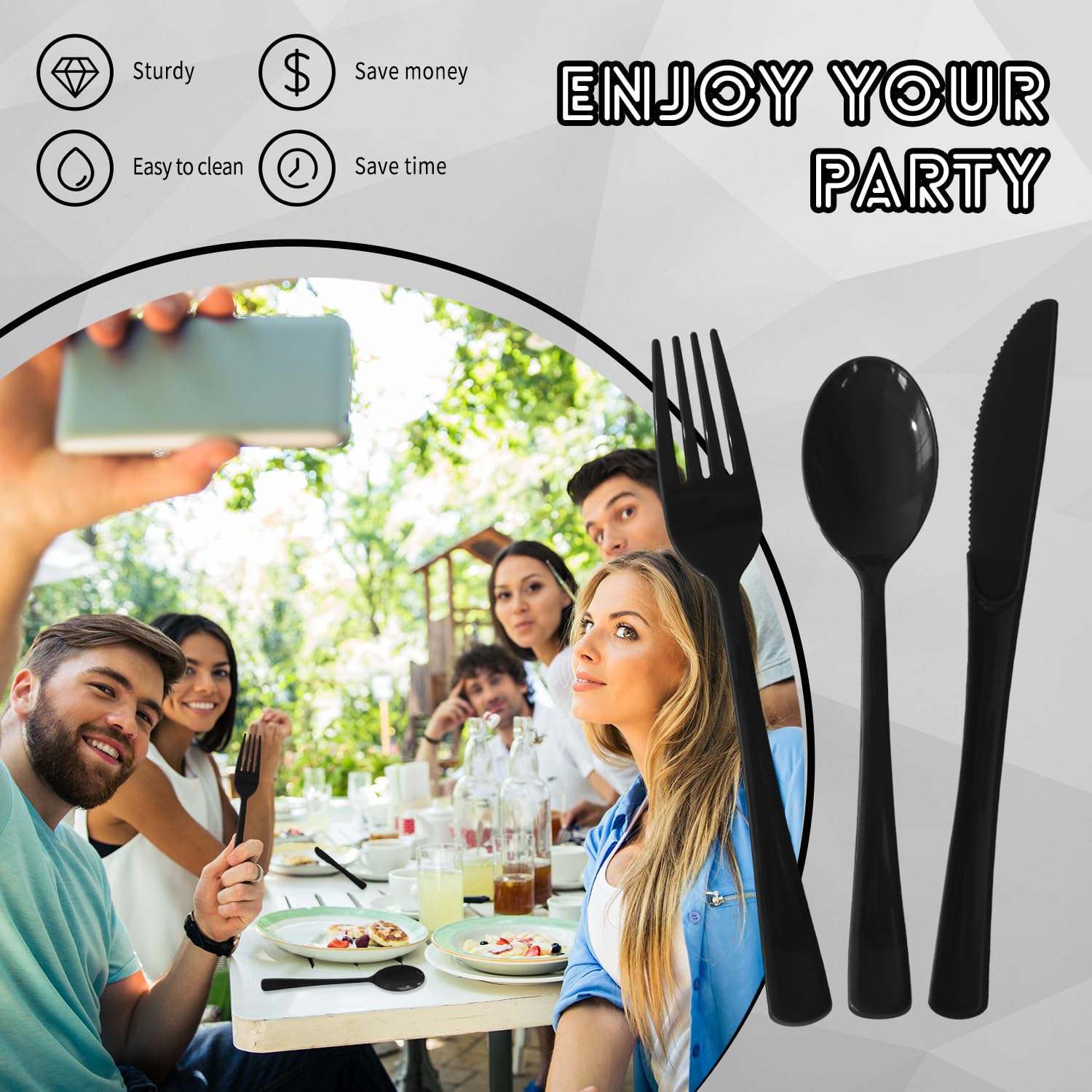 150 Pack Plastic Silverware,Disposable Cutlery Set Heavy Duty Utensil Sets 50 Forks 50 Knives 50 Spoons for Brithday, Wedding,Home School Party Picnics Restaurant Outdoor Events (Black)