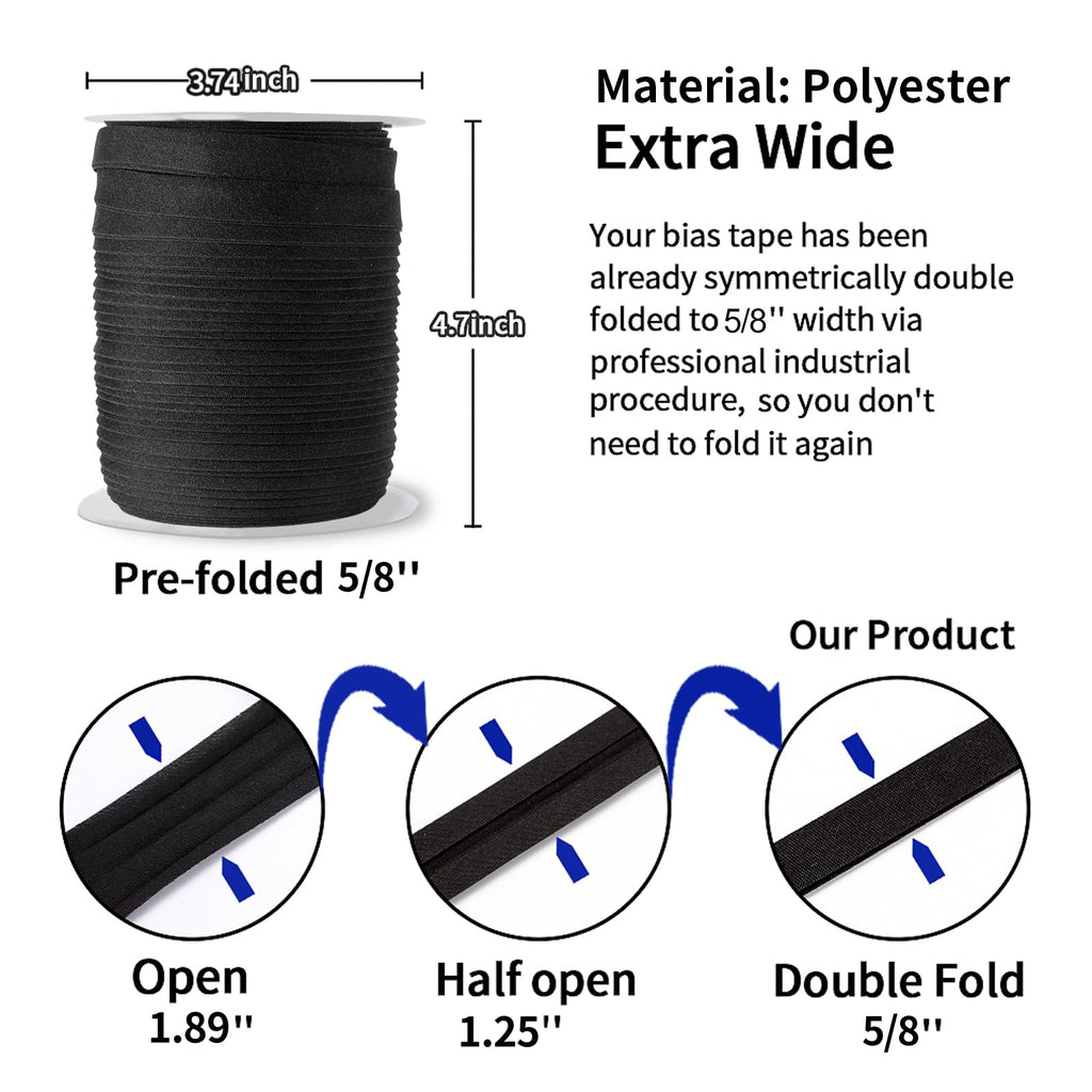 Tewadoo Bias Tape Double Fold 1/2 Inch - Black 55 Yards Polyester Binding Tape for Sewing, Quilt Binding, Hemming, Seaming and Fabric Piping