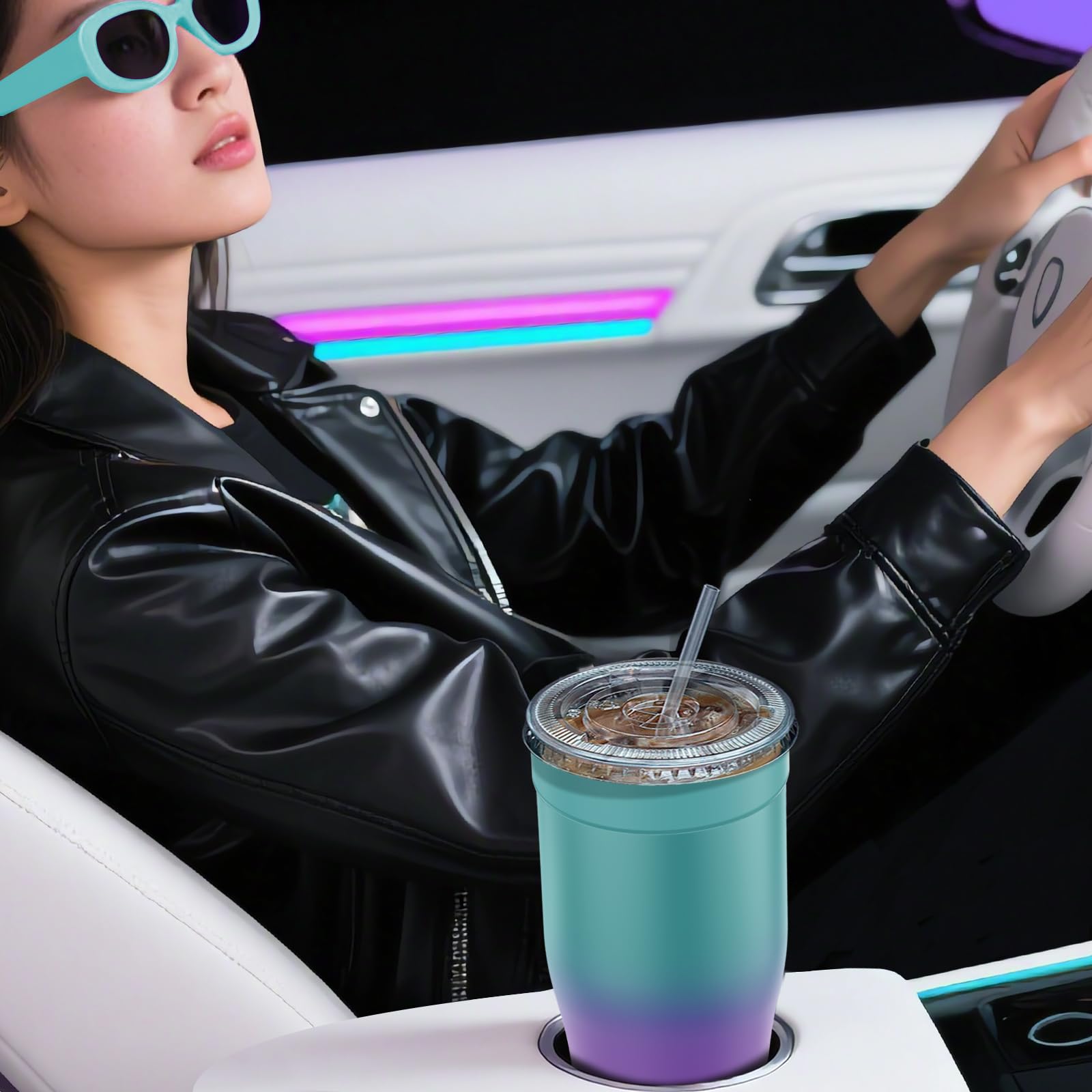 Universal Iced Coffee Sleeve - Upgraded Double Wall Reusable Stainless Steel Holder Sleeves Insulator for Cold Drinks Fits Starbucks Dunkin Donuts McDonalds Small Medium Large Cup (Aurora)