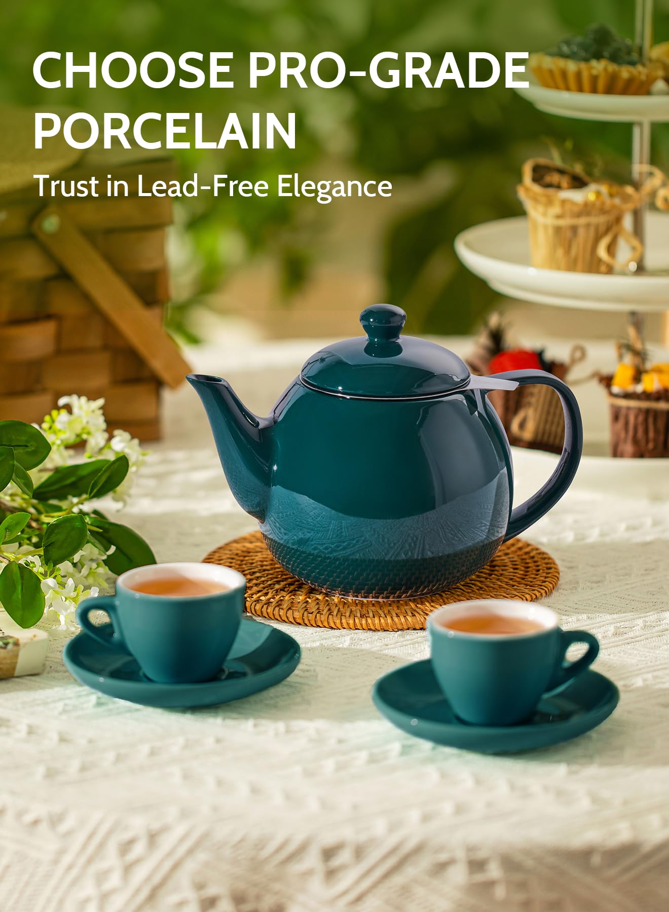 Sweese Porcelain Teapot 27 oz with Infuser for Loose Leaf Tea, Bluish Grey