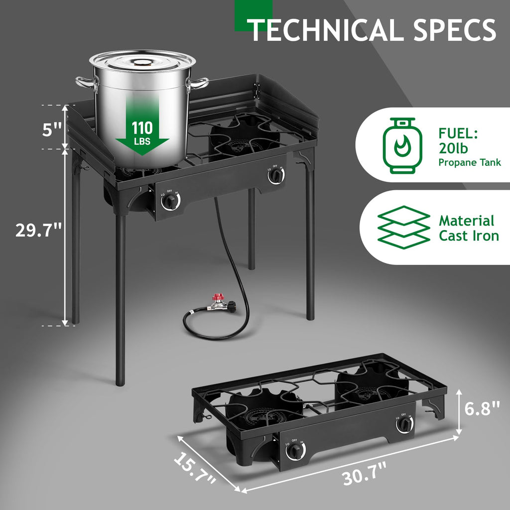 Outvita 2 Burner Propane Gas Stove for Outdoor Cooking, 150,000 BTU Camping Cooker with Removable Legs, Temperature Control Knobs for Backyard Cooking, BBQ, Baking and Frying